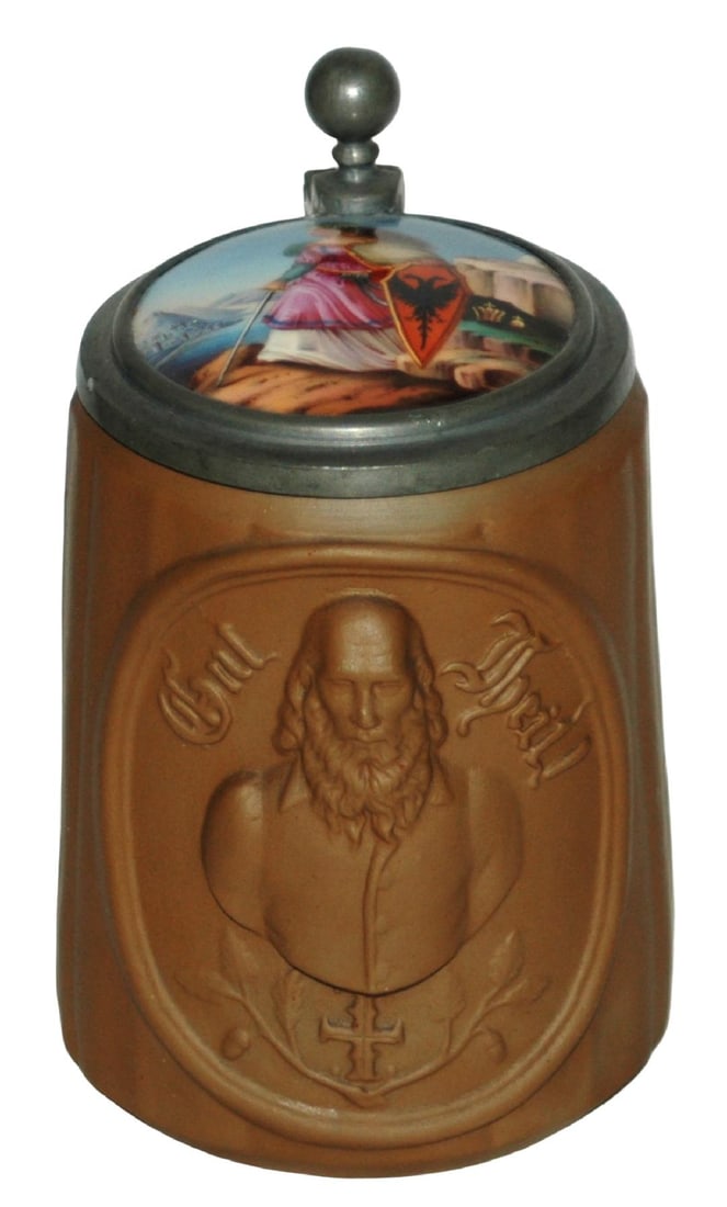 4F Father Jahn Stein w Inlay of Germania: Stoneware Relief 1/2L. 4F Father Jahn. Porcelain inlay of Germania. Mint.