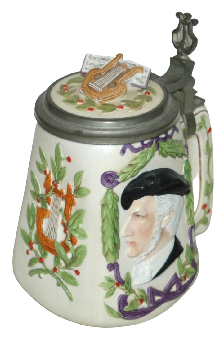 Bohne Stein Richard Wagner 2 3D Harp Inlay lid: Porcelain Relief 1/2L Bohne. Richard Wagner 1813-1883. Figural harp inlay lid.