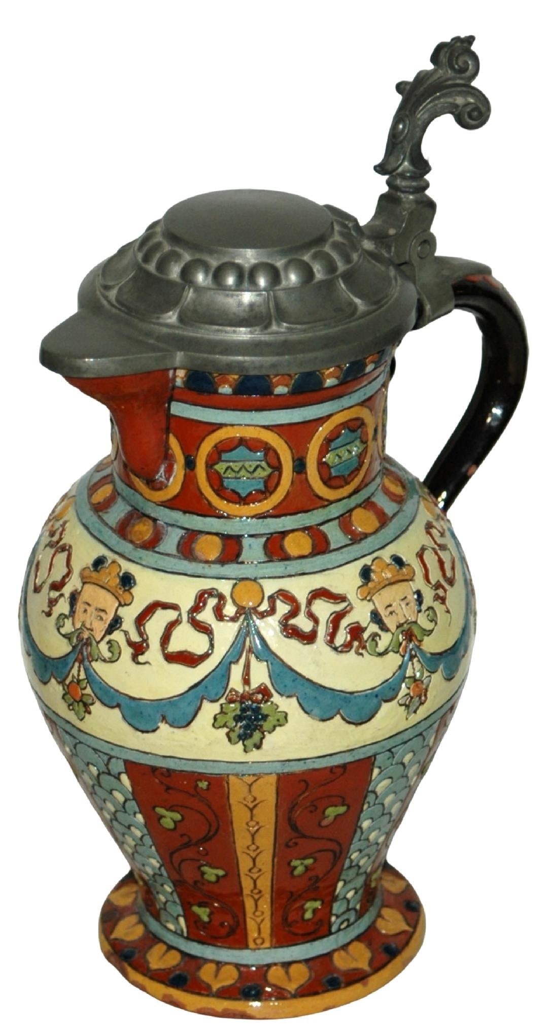 1L Unusual Swiss Hafnerware King & Floral Stein: Swiss Hafnerware Etched 1L. King and floral design. Unusual.