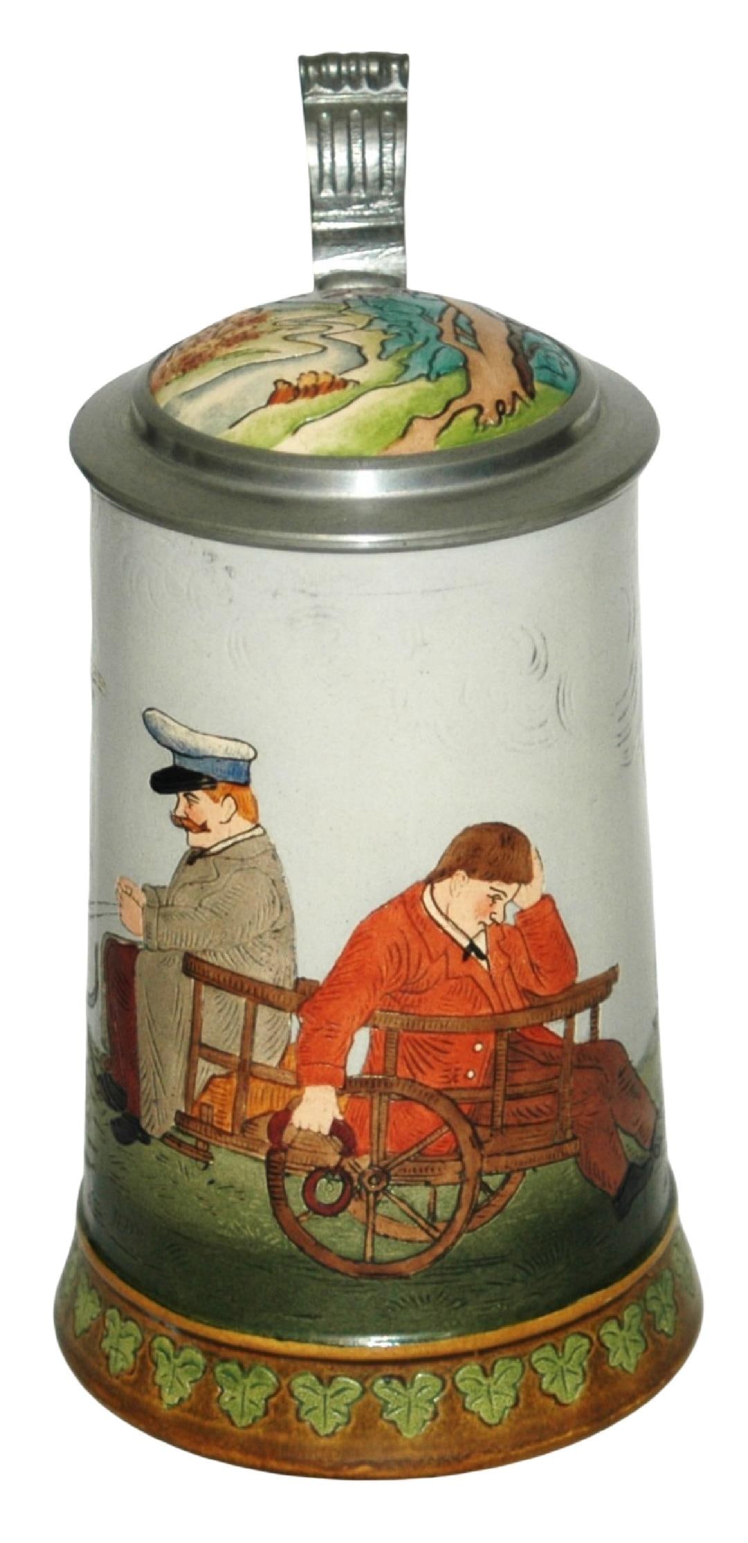 HR Cat Pulled Coach Carries Drunk Stein w Inlay: Pottery HR #403 Etched 1/2L. Cat pulled wagon with coachman carries drunk. Inlay lid. Mint.