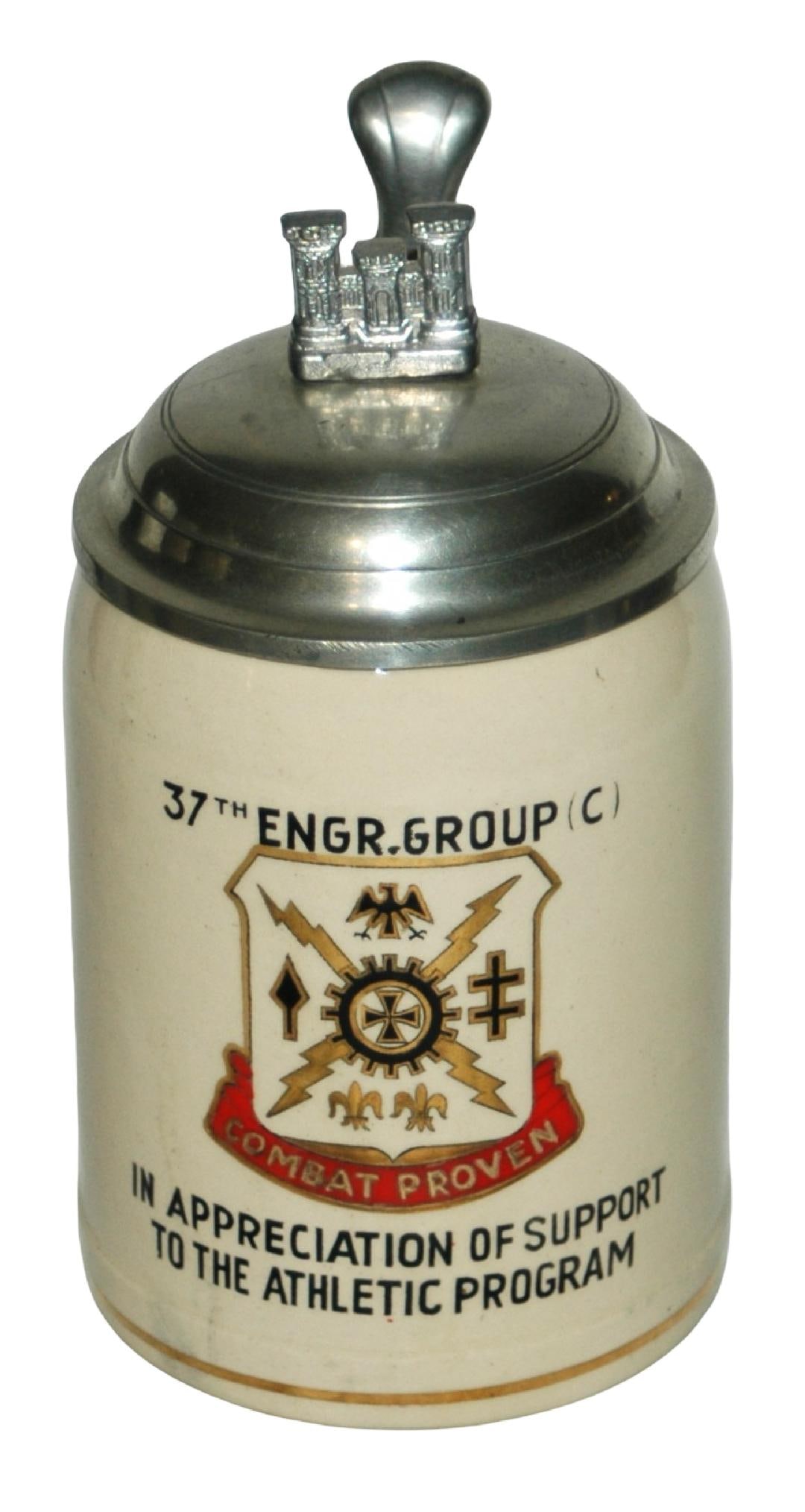 US Cold War Regimental 37th Engr. Group Stein: American Cold War Regimental 1/2L Pottery. "37th Engr. Group (C)." Mint.