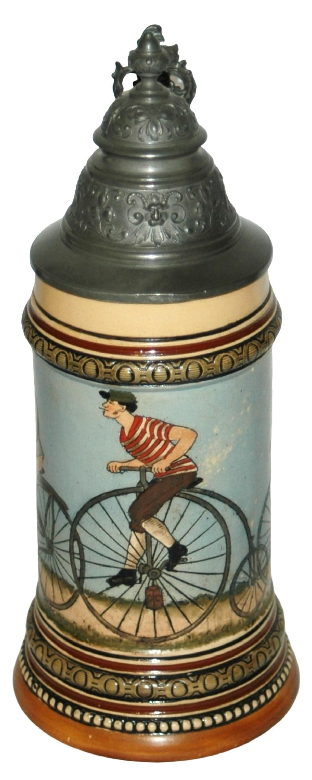 HR Men on High Wheel Bicycles Stein & Tricycles: Pottery HR #166 Etched 1/2L. Men ride high wheel bicycles. Bone shaker and tricycle on sides. Mint.