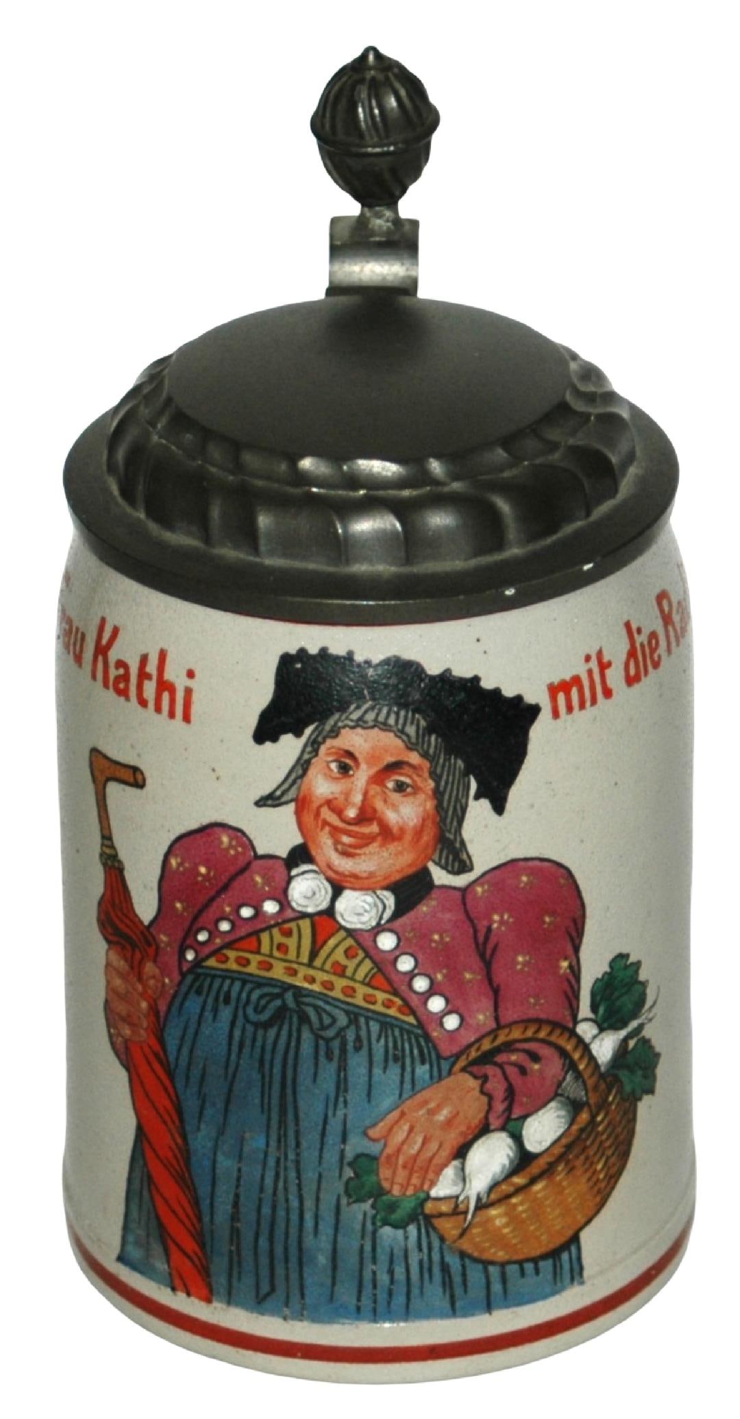 Bavarian Woman w great Face & Radishes Stein: Stoneware POG 1/2L. Bavarian woman carries basket of radishes. Great character to her face. Mint.