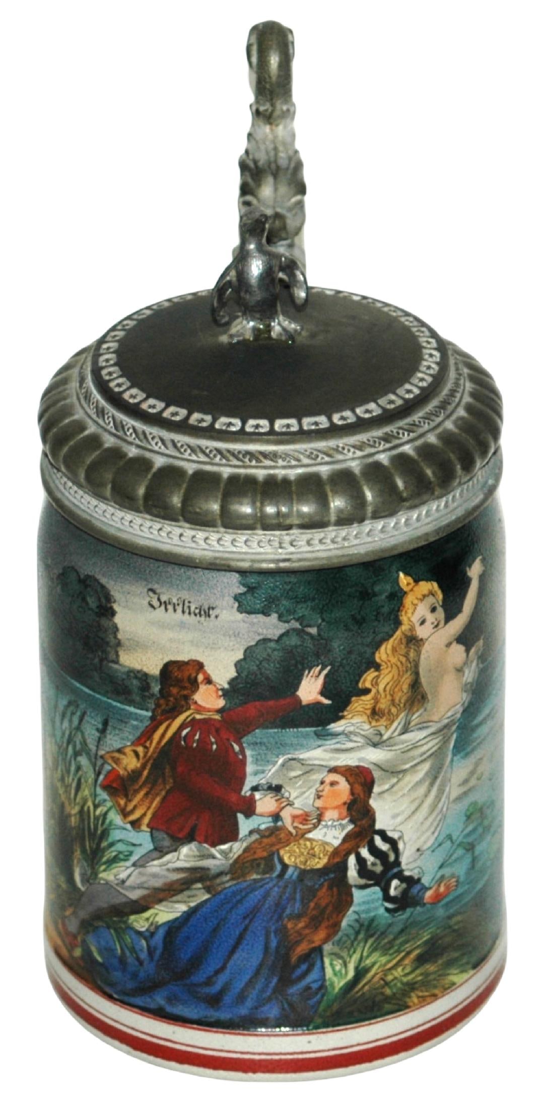 Couple Watch Nude Woman Emerging From Water Stein: Stoneware POG 1/2L. Couple watch nude woman come out of the water. Mint.