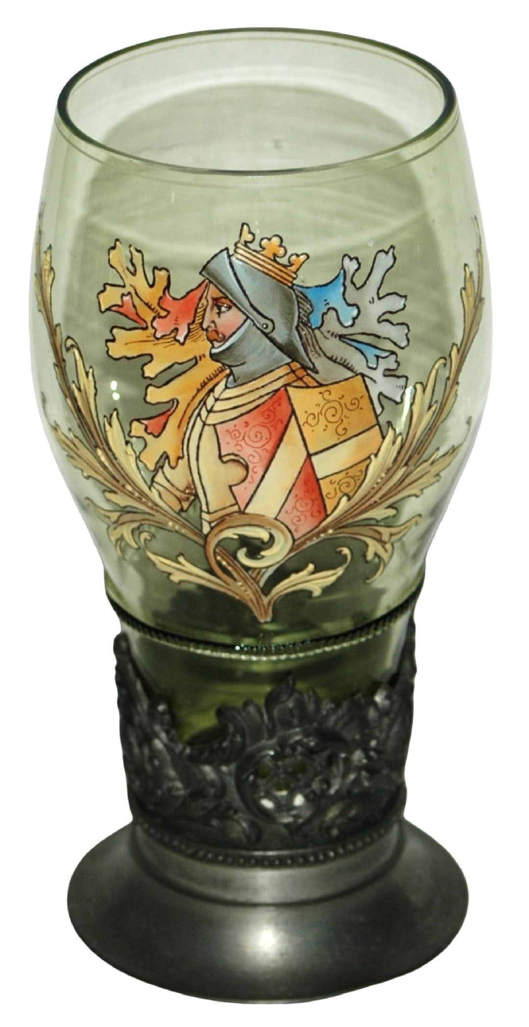 Van Hauten Beaker Glass Enamel Knight w Shield: Blown Green Glass 7 ¾" Beaker. Van Hauten. Enameled knight with shield. Fancy relief pewter base. Mint.