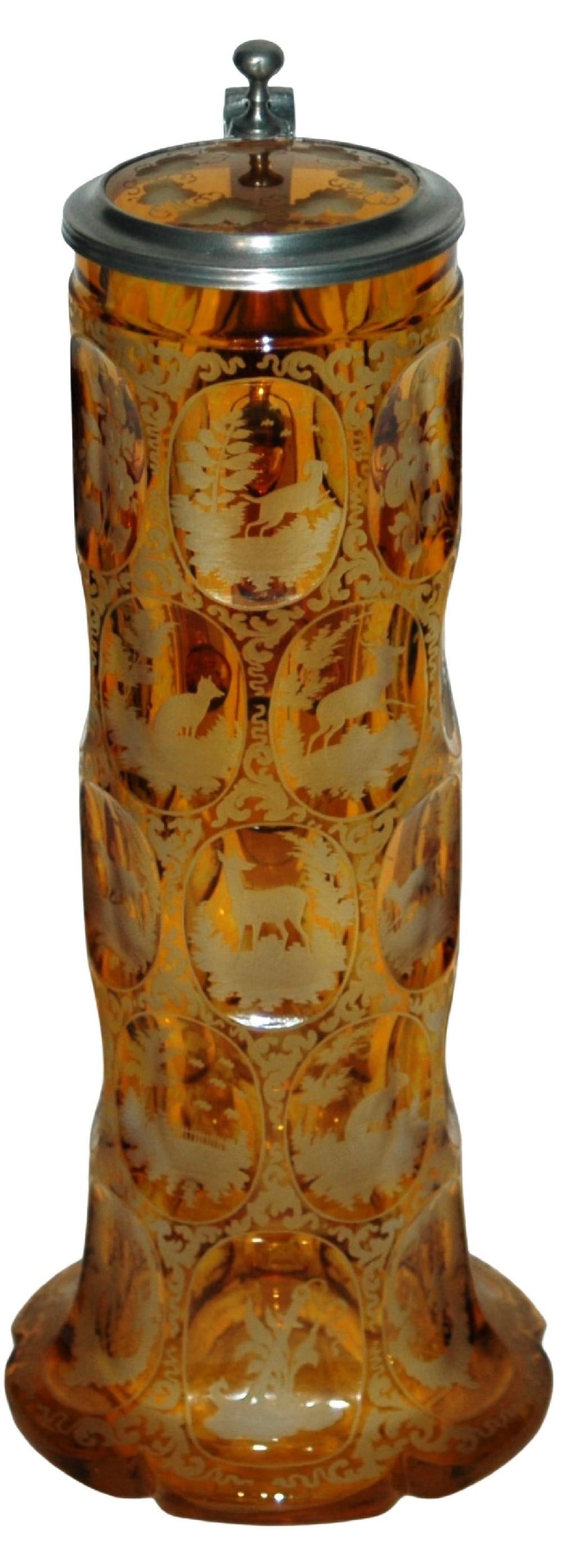 Wheel-cut Animals c.1860 Faceted Glass Stein & Lid: Blown Glass 3/4L. Amber stained and wheel-cut animal scenes in faceted panels. Matching glass inlay lid. Bohemian circa 1860. Mint.