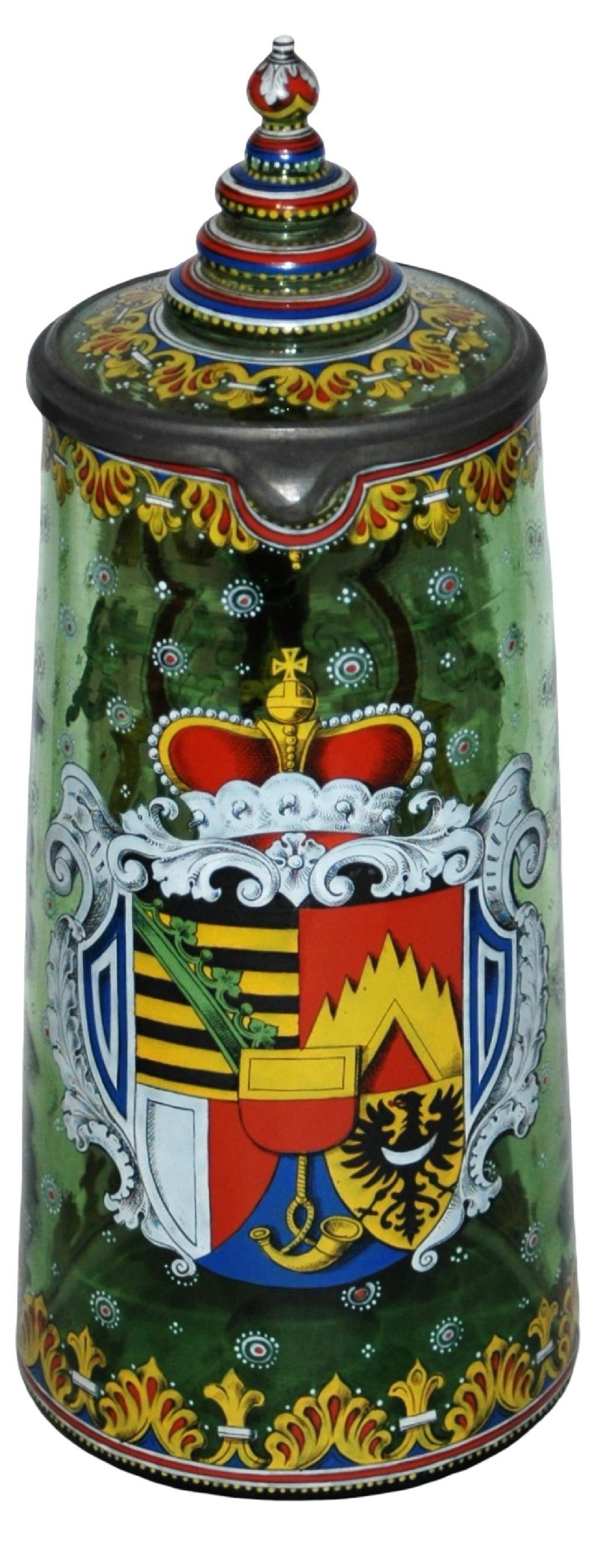 2L Egermann Detailed Shield & Floral Glass Stein: Blown Green Glass 2L. Egermann. Detailed enamel of large shield and floral. Matching fancy glass inlay lid. Mint.