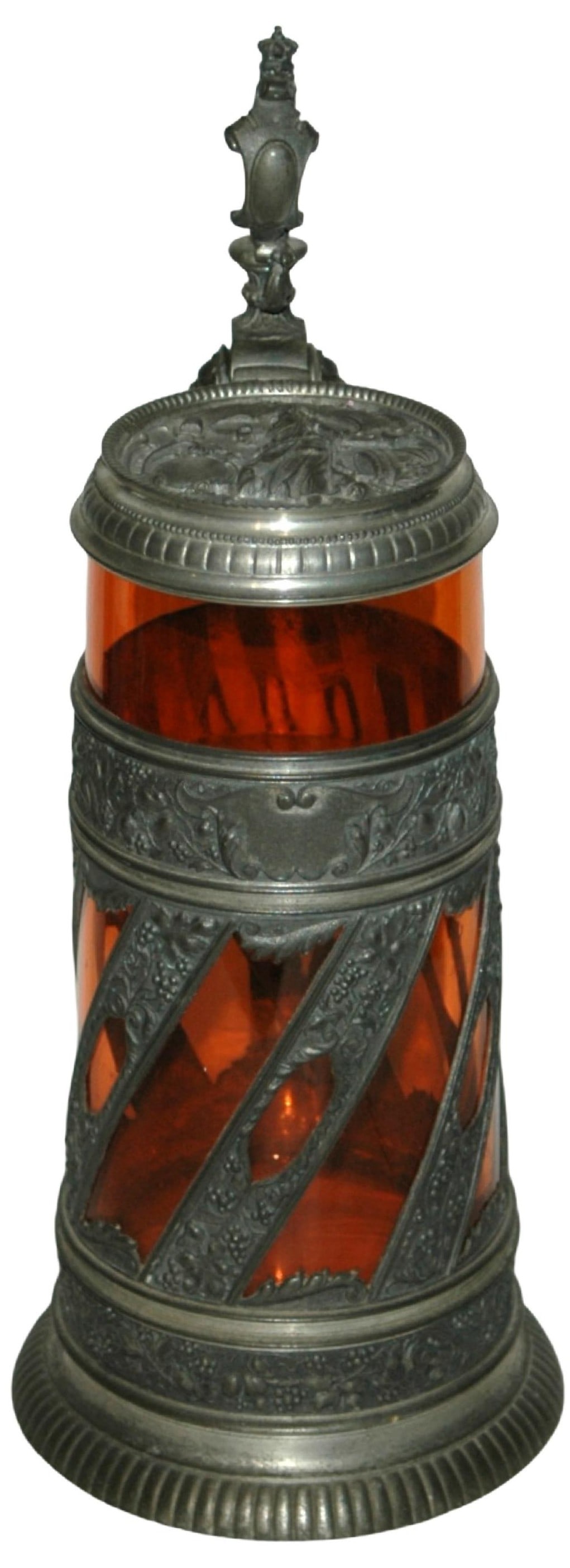 1L Orange Glass Stein, Pewter Overlay Handle & Lid: Blown Orange Glass 1L. Pewter relief overlay body with pewter handle and lid. Mint.