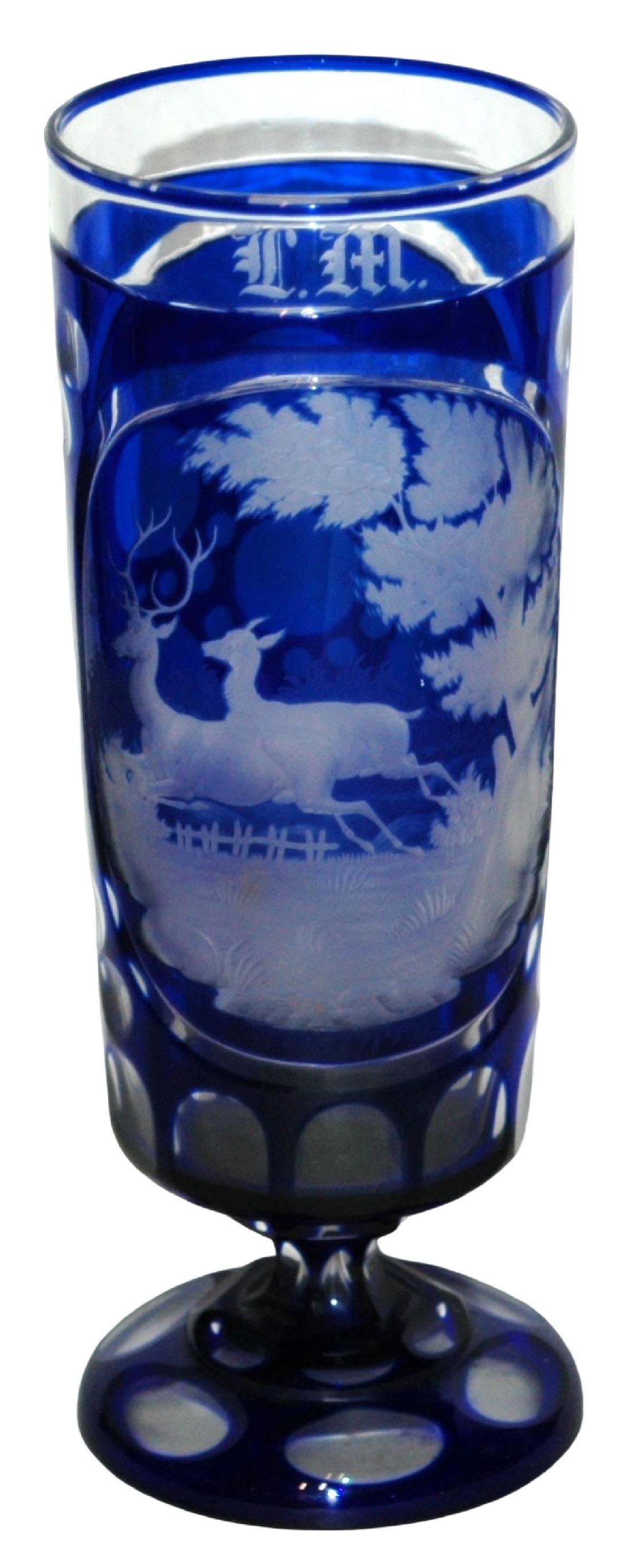 Intaglio Cut Stags c.1860 Overlay Glass Beaker: Blown Overlay Glass 8 ½" Beaker. Intaglio cut leaping stags in the forest. Bohemian circa 1860. Mint.