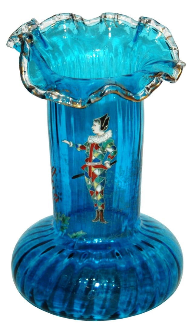 Glass Roesler Enamel Clown & Floral Pulpit Vase: Blown Blue 7 1/2" Pulpit Vase. Roessler. Enameled clown and floral design. Interior fluted body. Mint.