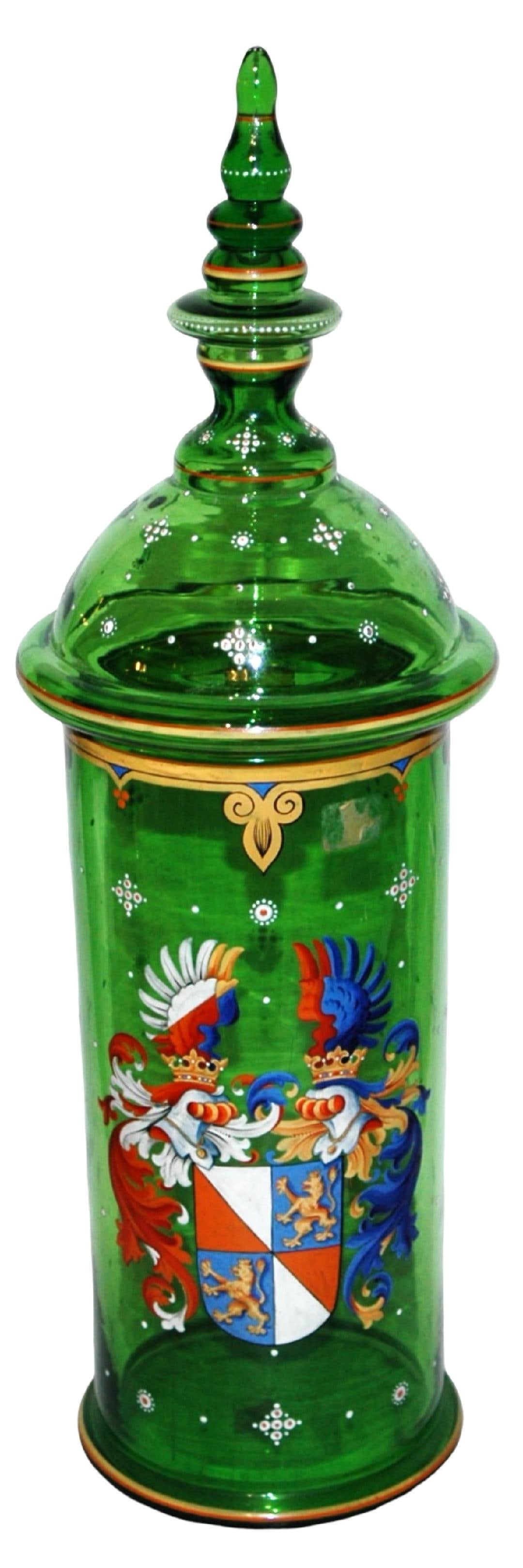 19-1/2" Pokal Enamel Shield Glass Pokal & Lid: Blown Green Glass 19 1/2" Pokal. Egermann. Enameled heraldic shield. Matching set on lid. Mint.