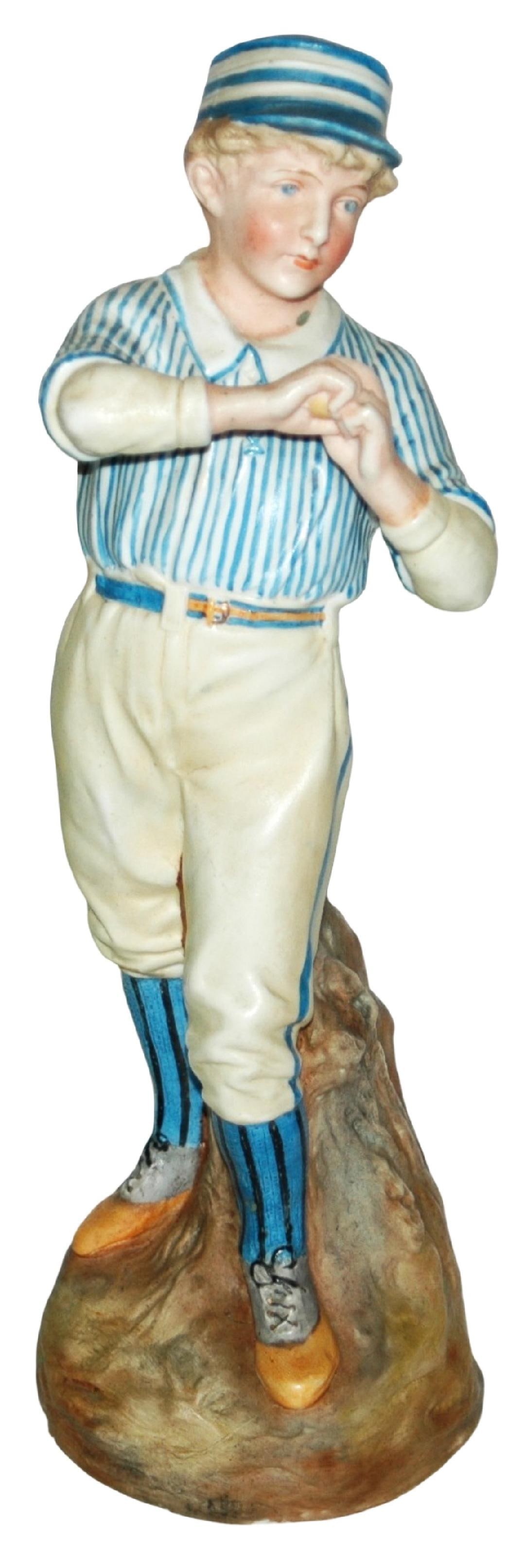 14" Heubach Baseball Pitcher c.1880 Figurine: Heubach Porcelain 14" Figure. Baseball pitcher in blue striped shirt uniform and hat. The medium size of these 1880 baseball figurines.