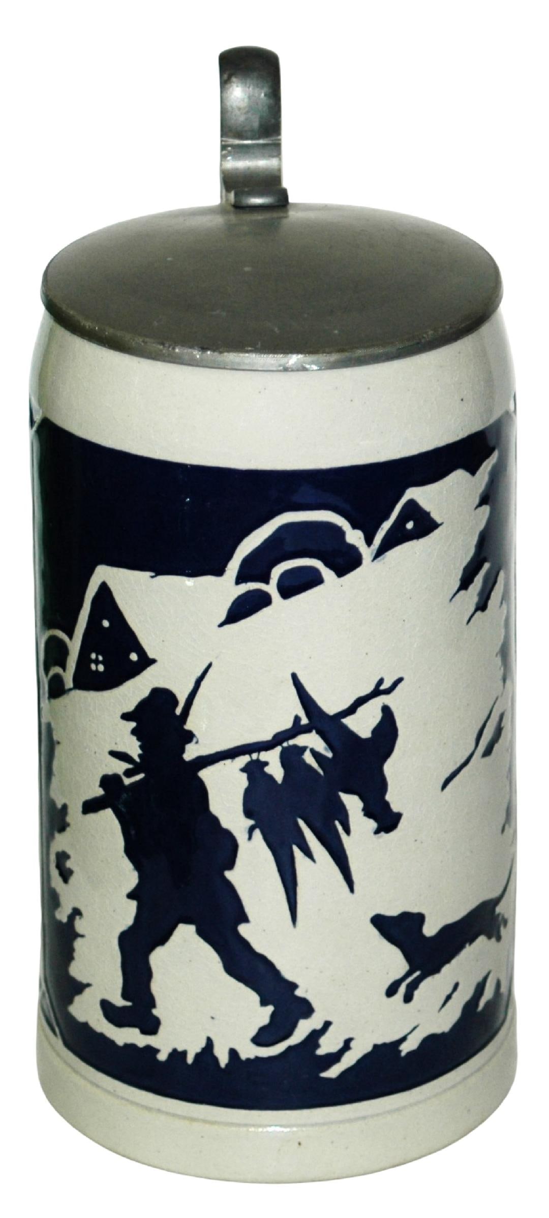 1L Silohouetted Hunter Game Birds & Dog Stein: Stoneware Molded 1L. Silhouette of Hunter with game birds followed by dog. Mint.