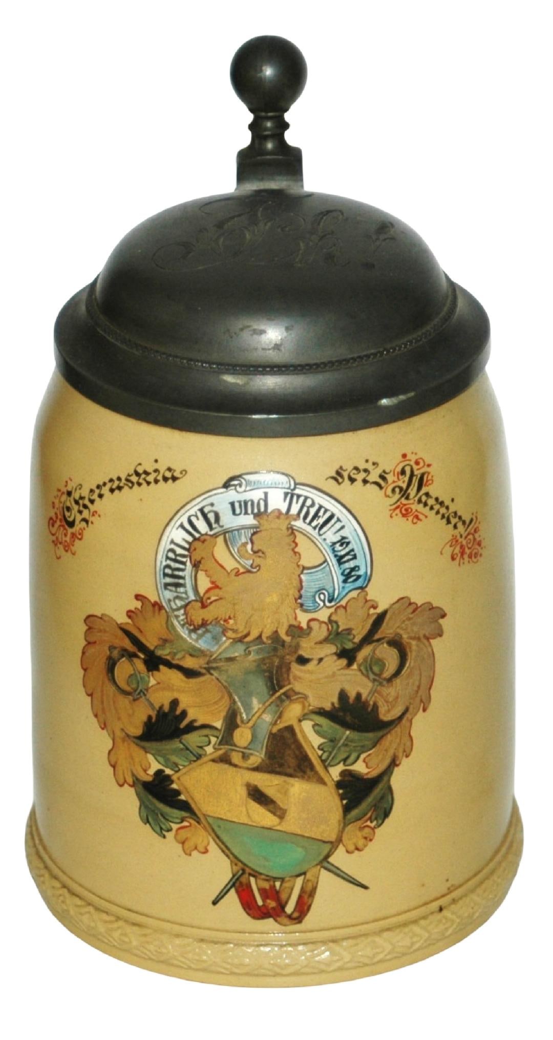 Mettlach Fraternal Cyerushia sei's Panier Stein: Mettlach #1526 POG 1/2L. Fraternal shield "Cyerushia sei's Panier!" Fraternal symbol on lid. Mint.