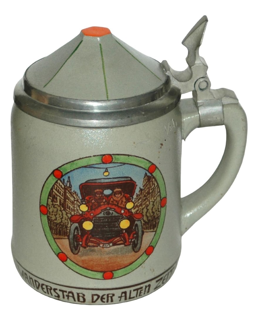 Mettlach Bavaria Old Cars and Coach Stein w Inlay: Mettlach Bavaria #3079/515 POG 1/2L. Panels of old auto and coach. Inlay lid. Mint.