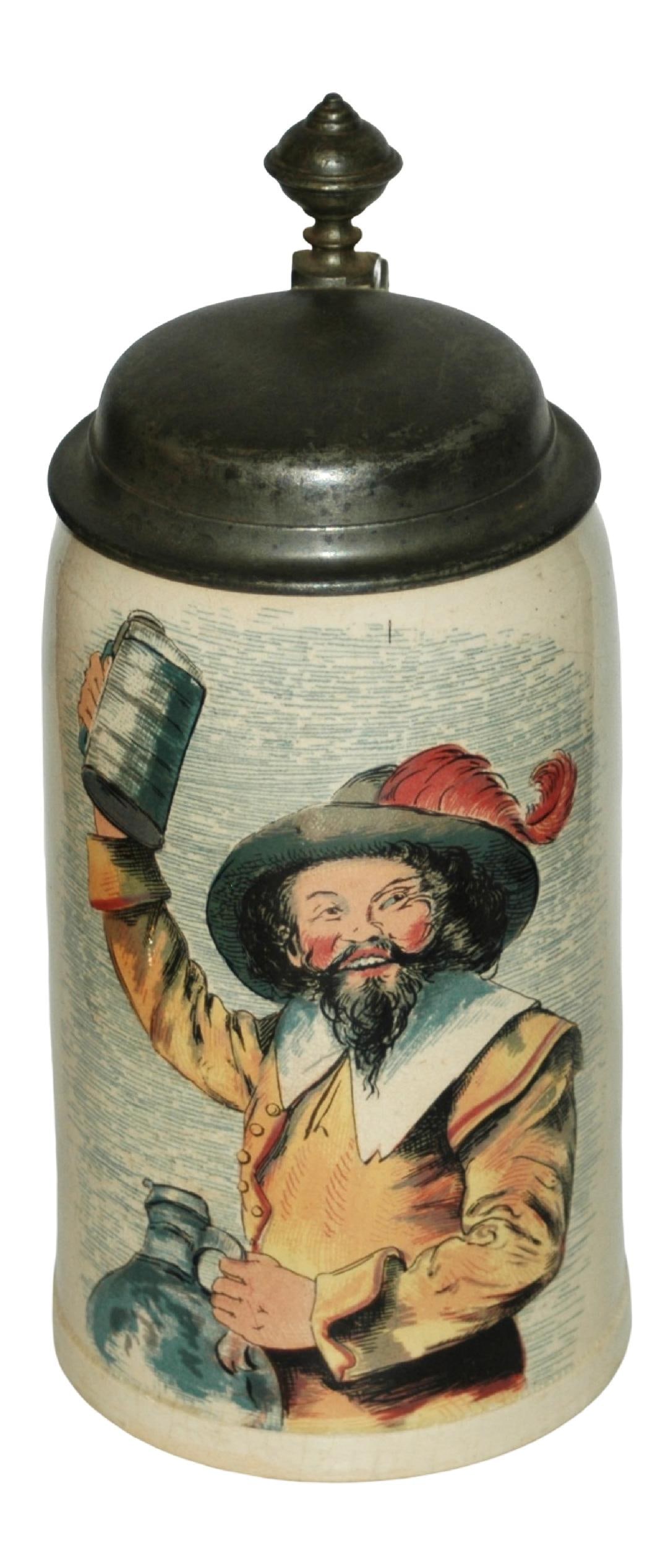 Rare Mettlach Cavalier holds Stein: Mettlach #1909/713 PUG 1/2L. Cavalier holds stein. Rare.