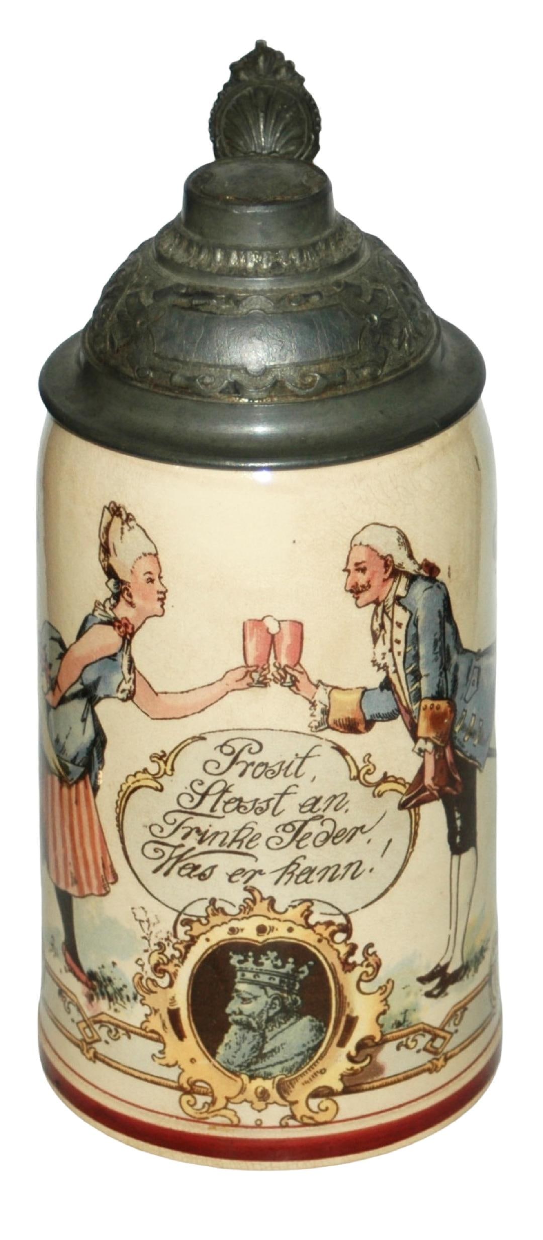 Mettlach 18th Century Couple Toasting wVerse Stein: Mettlach #1909/1021 PUG 1/2L. 18th century couple toasting above verse. Mint.