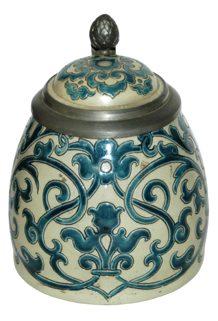 Mettlach Floral Stein w Figural Fish Handle: Mettlach #1634 Etched 1/2L. Floral design with figural fish handle. Inlay lid. Mint.