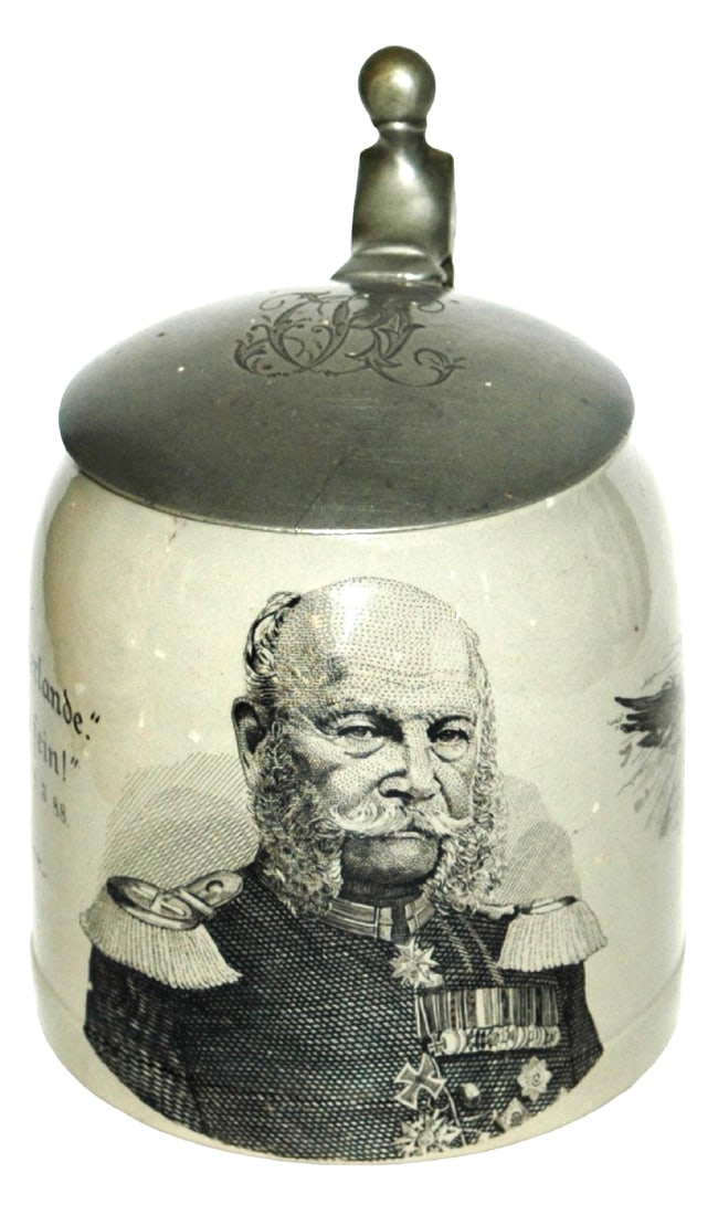 Sarreguemines Kaiser Wilhelm &Imperial Eagle Stein: Sarreguemines PUG 1/2L. Kaiser Wilhelm I. Imperial eagle on side with signed verse. Mint.
