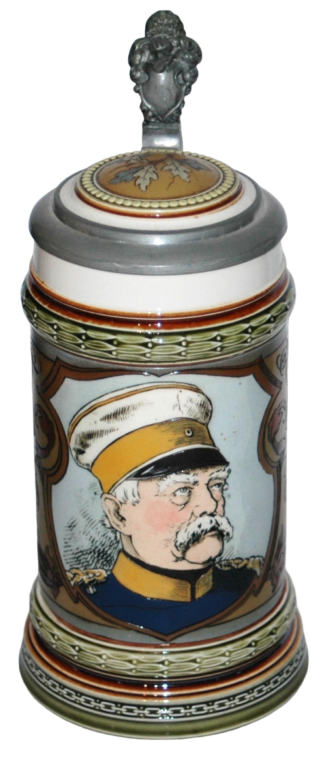 Mettlach Otto von Bismarck in Uniform Stein: Mettlach #1794 Etched 1/2L. Otto von Bismarck in uniform. Inlay lid. Mint.
