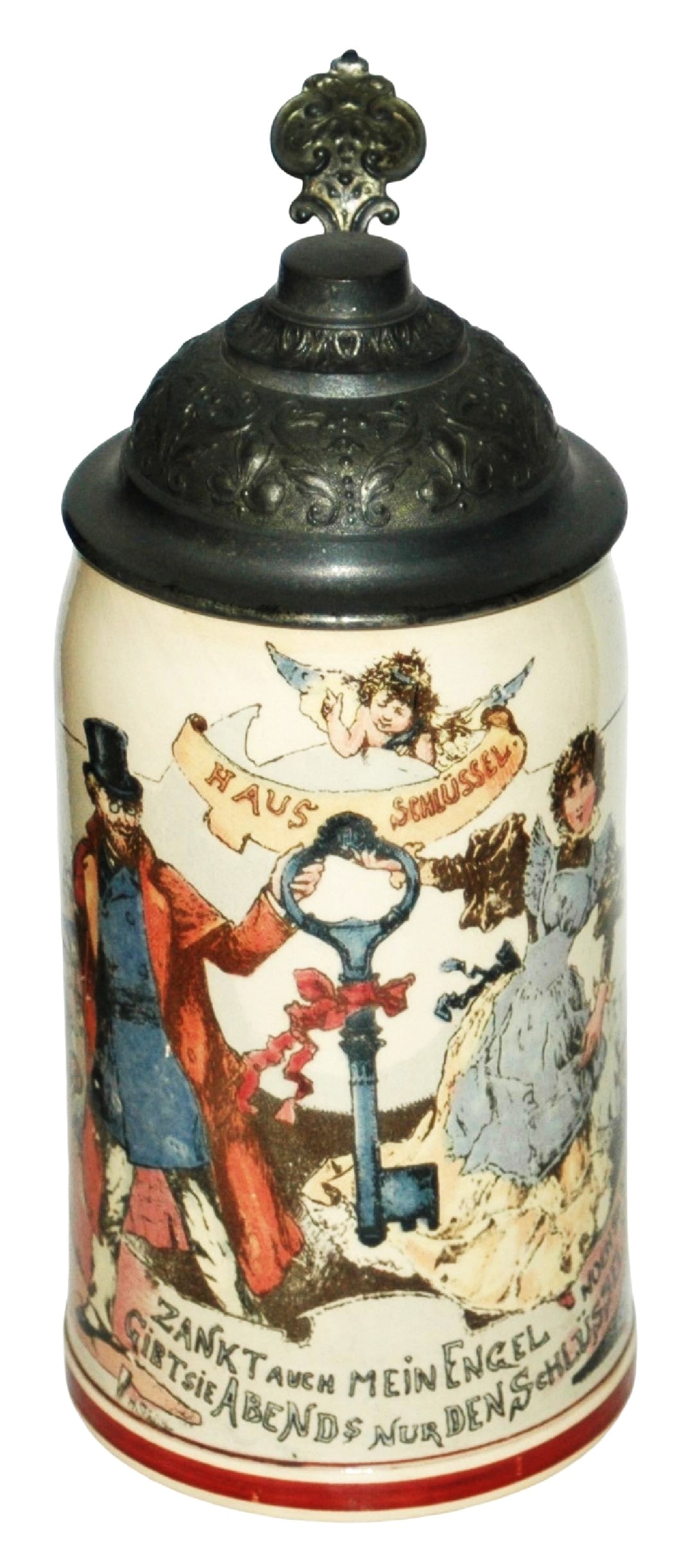 Mettlach Schlitt Couple Holds Large Key Stein: Mettlach #1909/1042 PUG 1/2L. Schlitt. Couple hold large key. Mint.