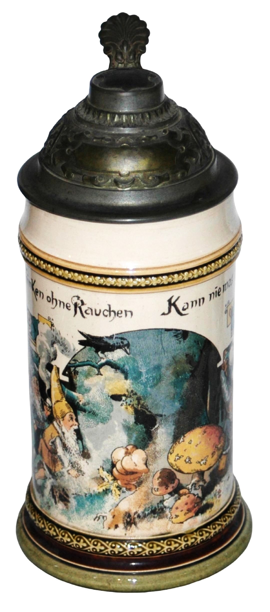 Mettlach Dwarfs Drinking & Smoking Stein: Mettlach #2140/1047 PUG 1/2L. Dwarfs drinking and smoking. Mint.