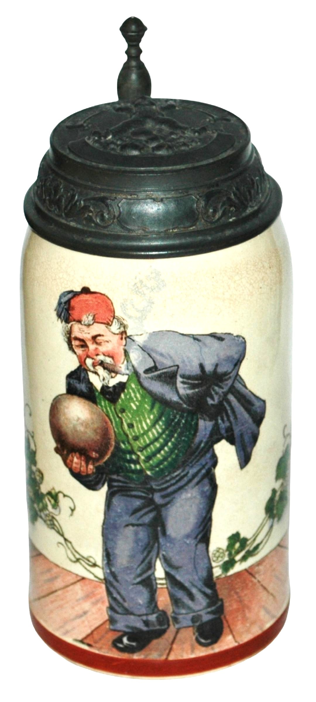 Mettlach Man Bowling Stein w Fancy Pin Boy Lid: Mettlach #1909/1212 PUG 1/2L. Man with cigar bowling. Fancy relief pin boy pewter lid. Mint.