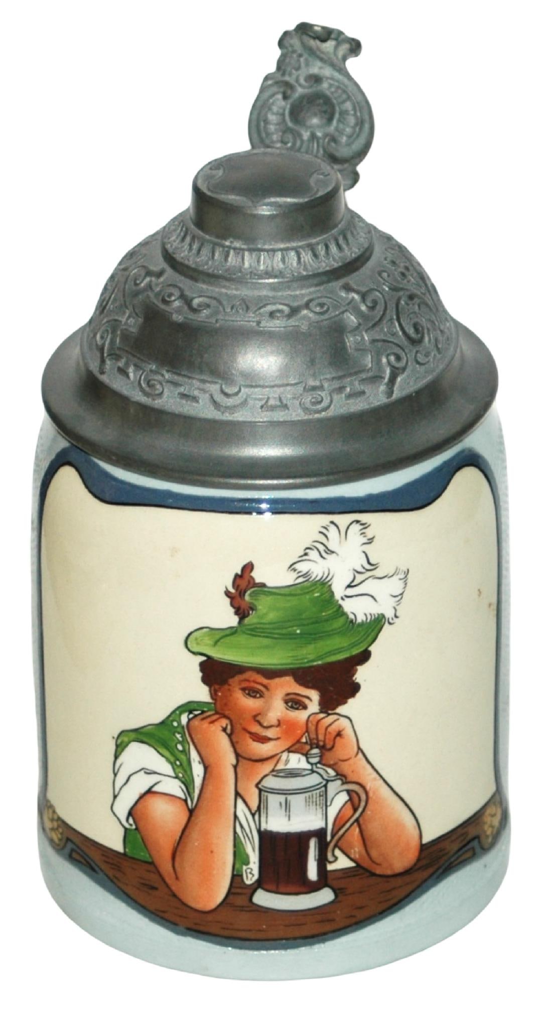 Mettlach Bavarian Woman at Table w Stein: Mettlach #3087 Etched 1/2L. Woman wears Bavarian hat at table with stein. Mint.