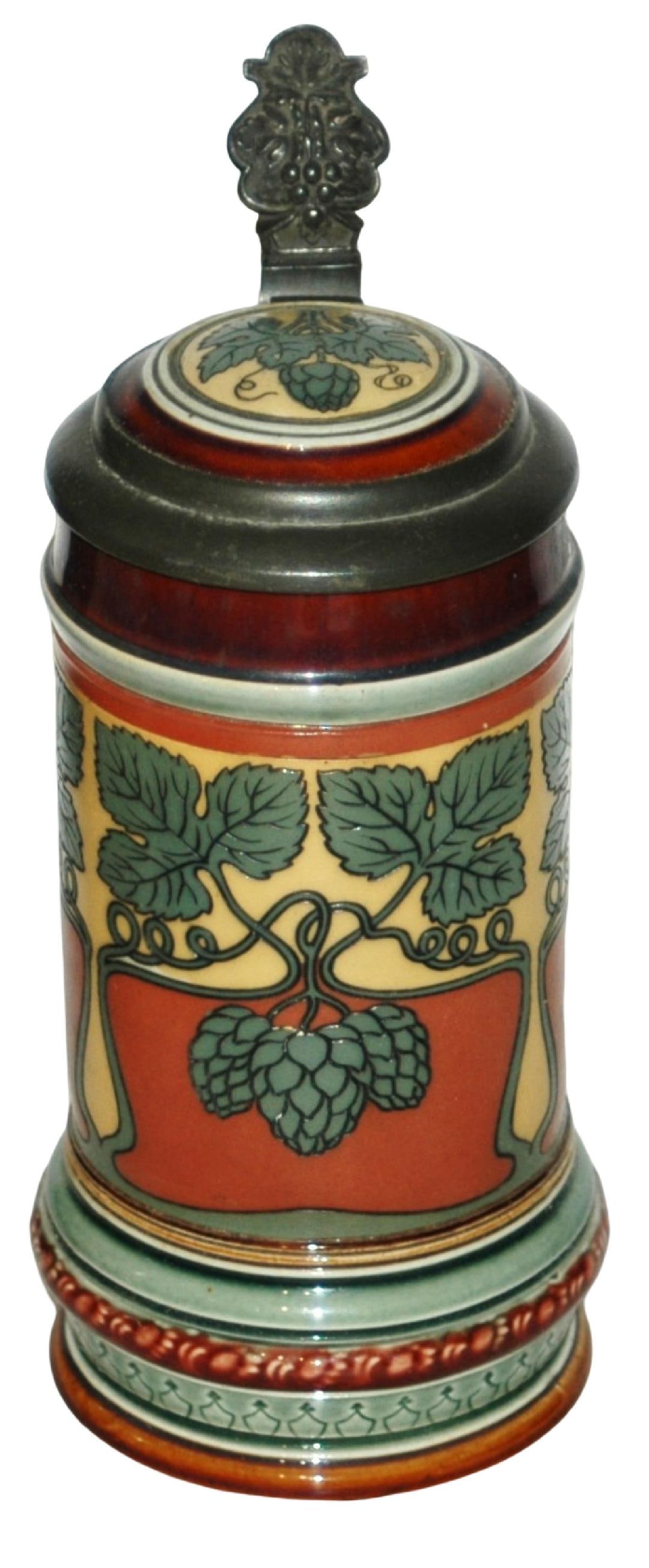 1/4L Mettlach Art Nouveau Hops Design Stein: Mettlach #2800 Etched 1/4L. Art Nouveau hops design. Inlay lid. Mint.