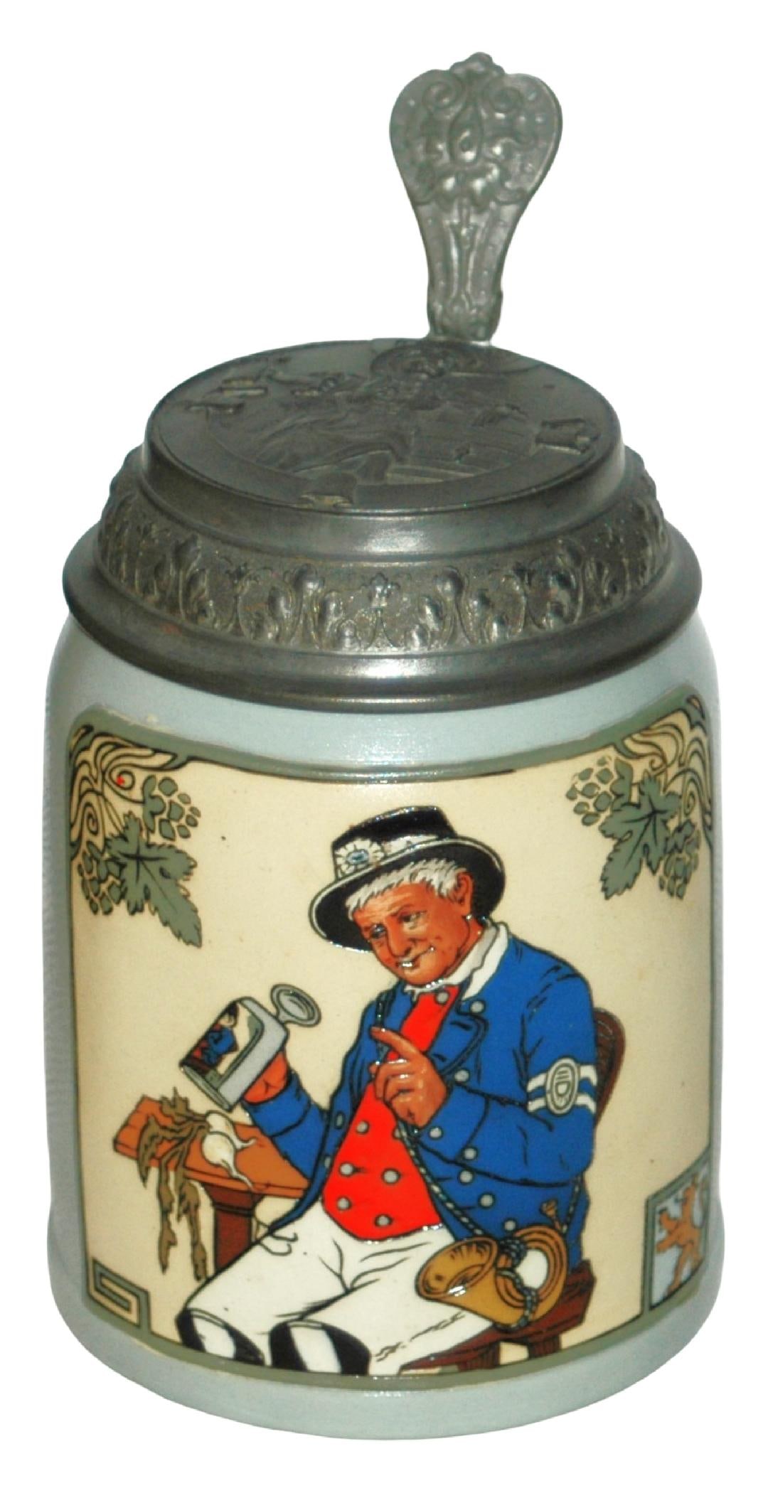 Mettlach Postman Drinking from Stein Barmaid Lid (1 of 5)