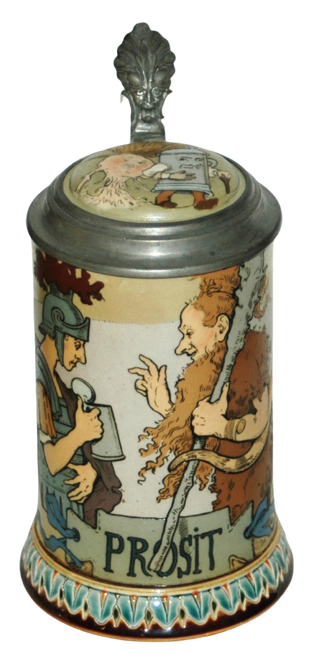 Mettlach 3/10L Roman Soldier & Barbarian Stein: Mettlach #2100 Etched 3/10L. Schlitt. Roman soldier and barbarian. Inlay lid. Mint.