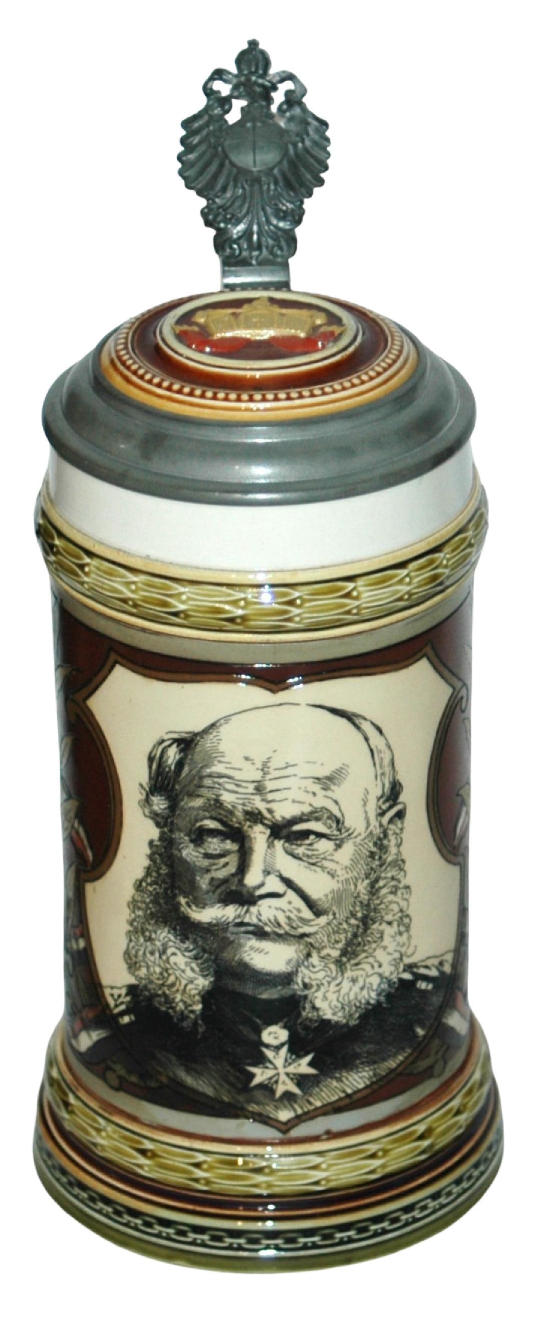 Mettlach Kaiser Wilhelm I Stein w Inlay Lid: Mettlach #1861 PUG & Etched 1/2L. Kaiser Wilhelm I. Inlay lid. Mint.