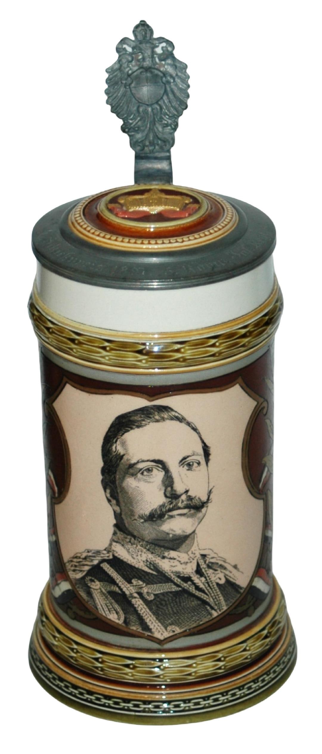 Mettlach Kaiser Wilhelm II Stein w Inlay Lid: Mettlach #1861 PUG & etched 1/2L. Kaiser Wilhelm II. Inlay lid. Mint.