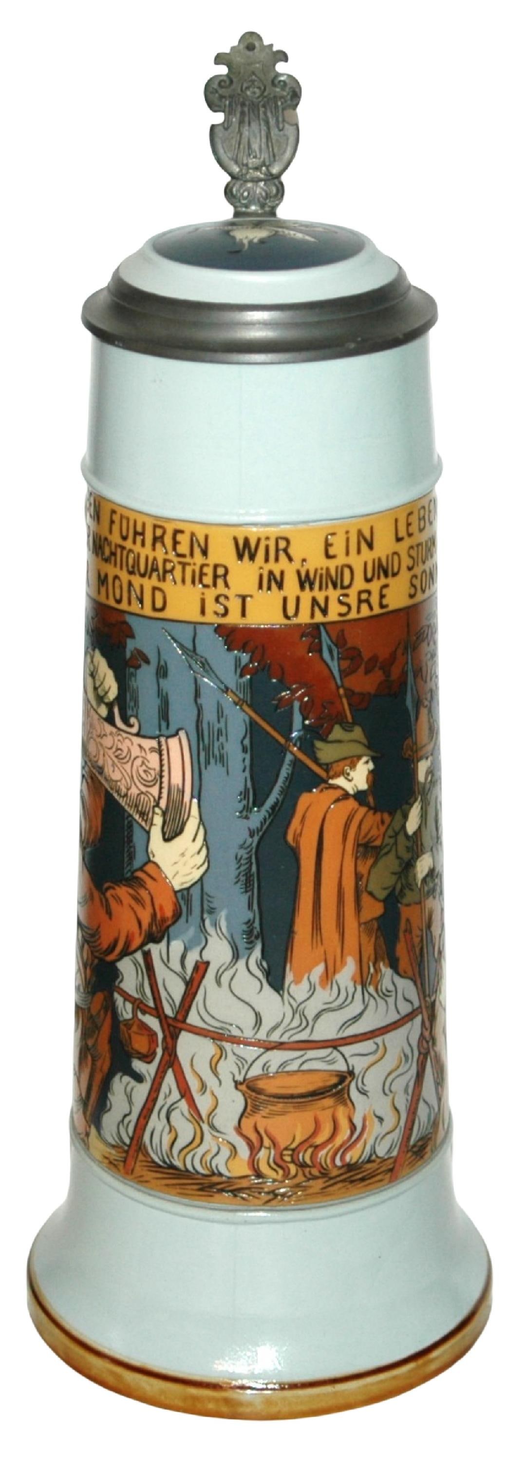 3L Mettlach Drinking Men Around a Campfire Stein: Mettlach #2921 Etched 3L. Men at night drinking around campfire. Inlay lid. Mint.