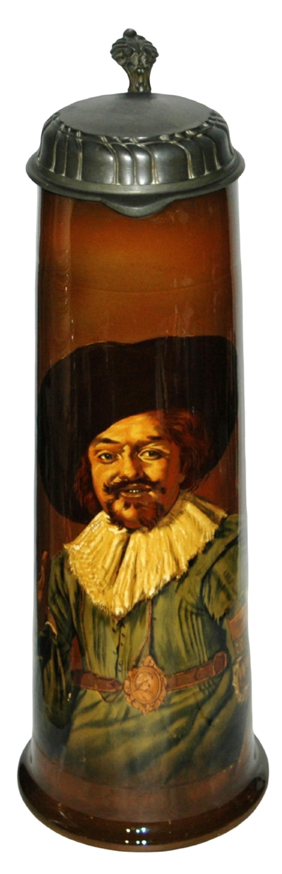 4-1/2L Mettlach Rookwood Bearded Landsknecht Stein: Mettlach Rookwood #2782/6127 PUG 4 1/2L. Bearded landsknecht. Original pewter lid. Mint.