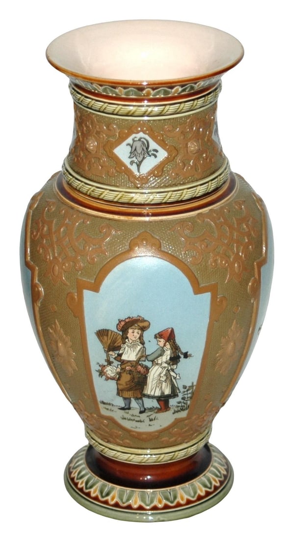 Mettlach Vase of Four panels of Women: Mettlach #2299 Etched 11 ¾" Vase. Four panels of women.