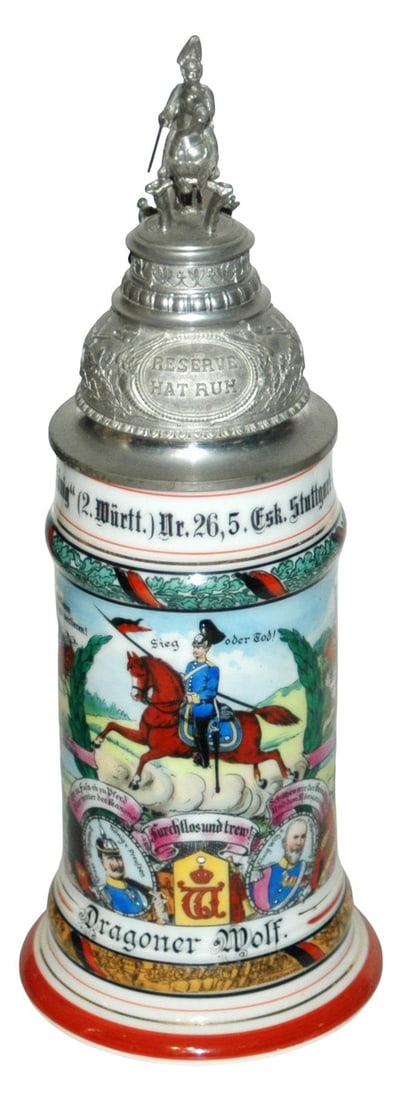 Regimental Dragoner Nr 26 Stuttgart Stein: Regimental Stein 1/2L Porcelain. "Dragoner Regt. Konig 2 Wurtt. Nr 26, 5 Esk. Stuttgart Counstatt 1909-1912, Dragoner Wolf. Four side scenes. Rear roster. Mint.