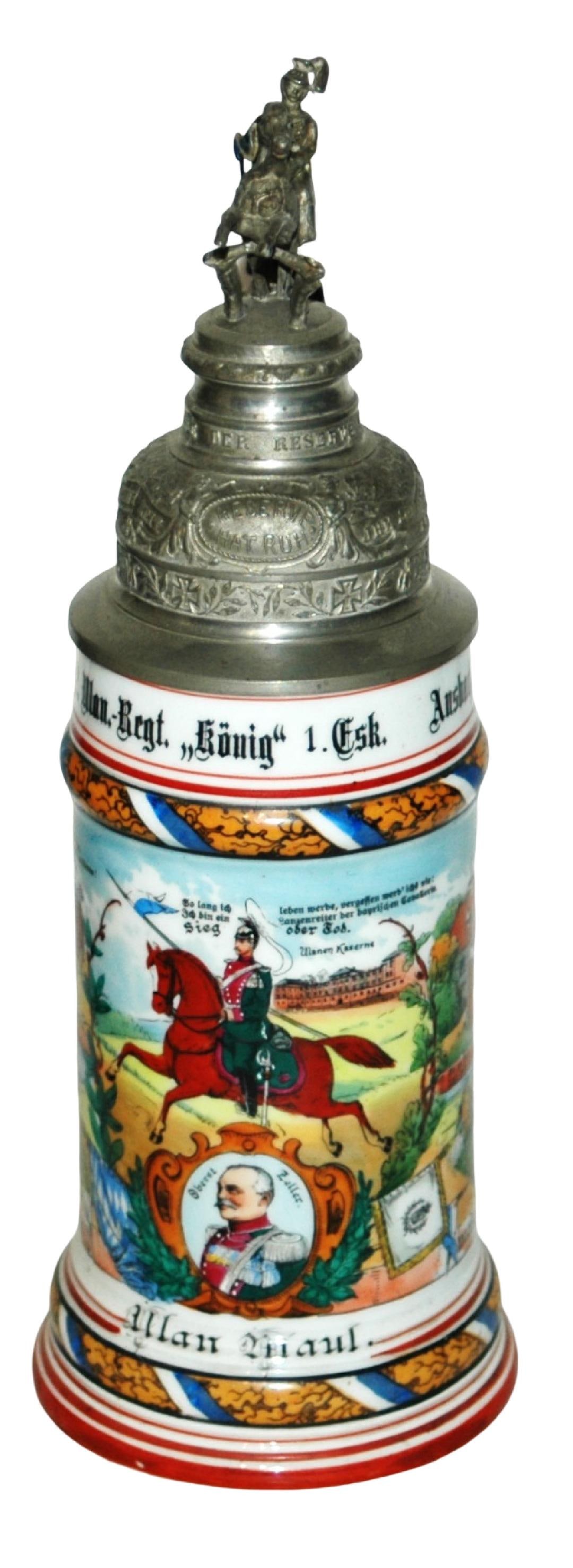 Regimental Ulan Ansbach Stein: Regimental Stein 1/2L Porcelain. "2 Ulan Regt. Konig 1 Esk. Ansbach 1906-09, Ulan Maul." Four side scenes. Rear roster. Mint.