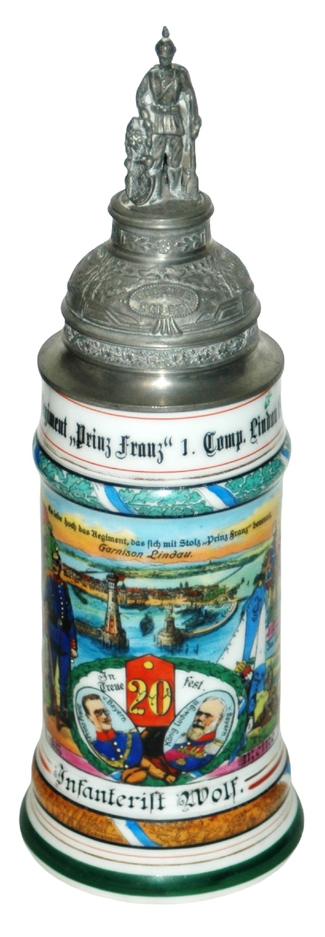 Regimental 20 Inft Lindau Stein: Regimental Stein 1/2L Porcelain. "20 Inft. Regt. Prinz Franz 1 Comp. Lindau 1912-14, Infanterist Wolf." Four side scenes. Rear roster.