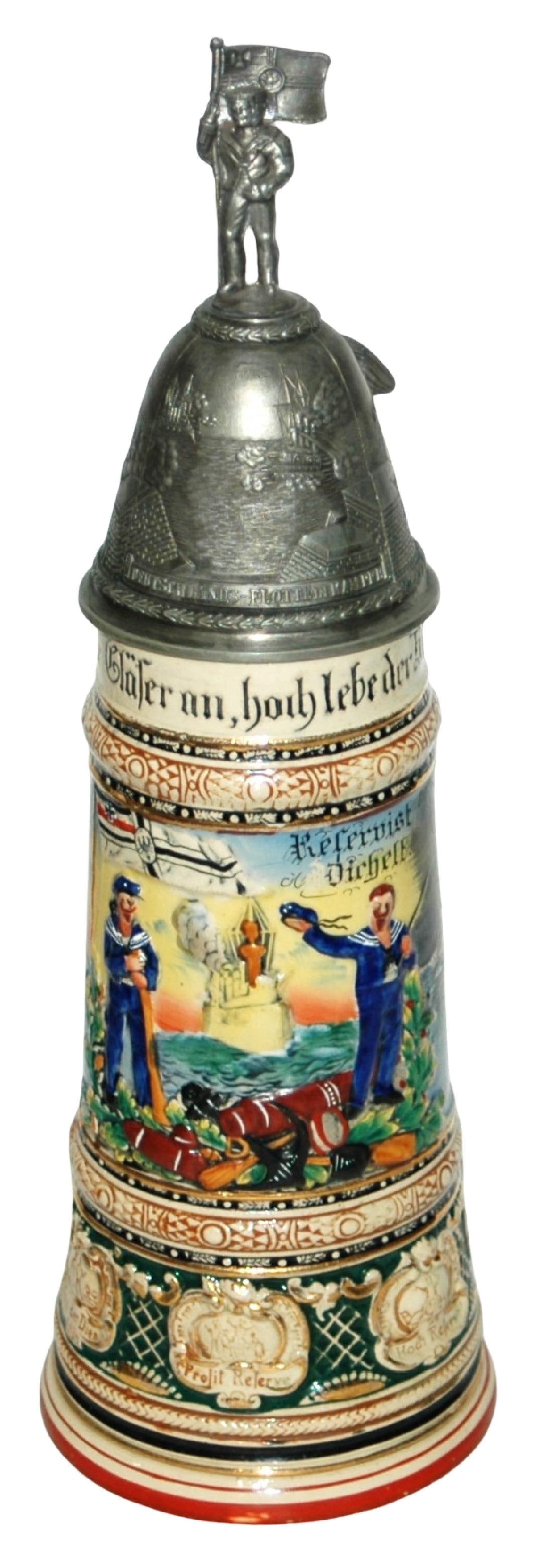 1L Regimental SMS Berlin Kaiser Marine Stein: Regimental Stein 1L Pottery. "S.M.S. Berlin Kaiser Marine 1907-10, Reservist Dalitz." Two ship side scenes. Side roster. Mint.