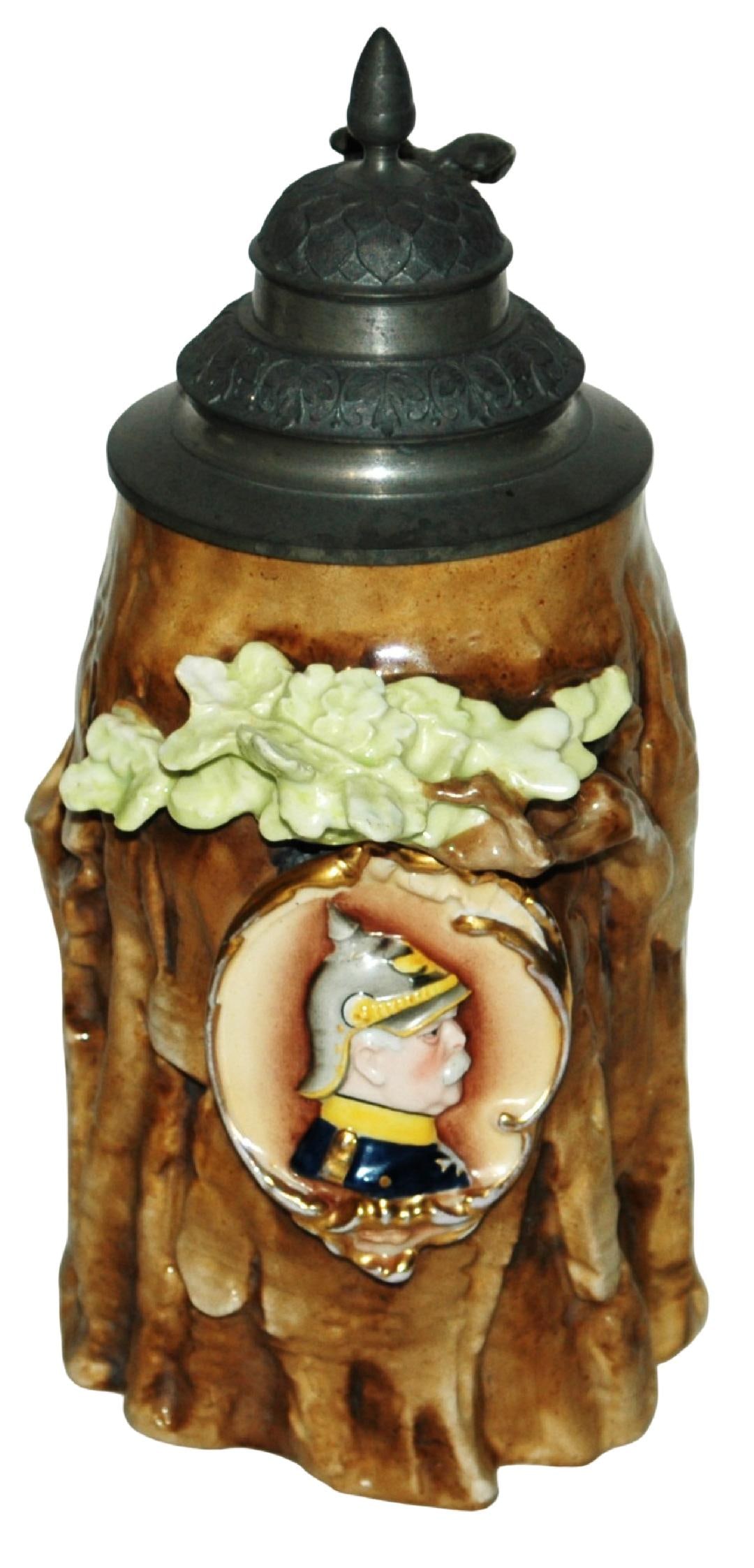 1L Tree Trunk w Otto von Bismarck Character Stein: Character Stein 1L Schierholz Porcelain. Tree trunk with relief of Otto von Bismarck. Mint.