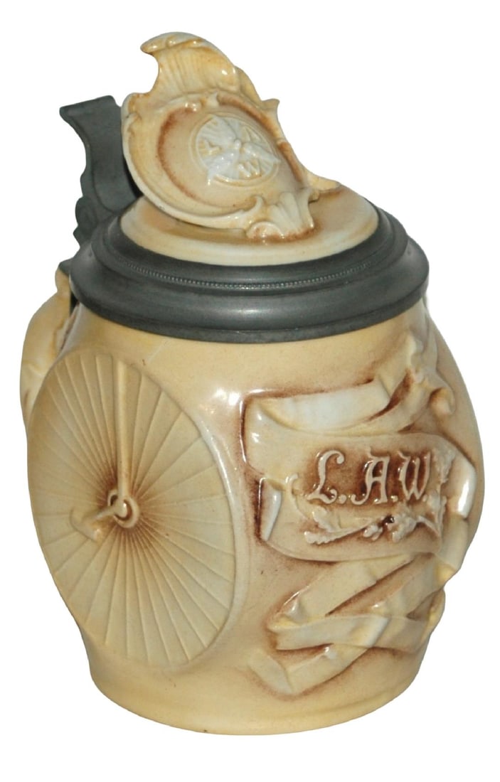 Schierholz High Wheel Bicycle Character Stein: Character Stein 1/2L Schierholz Porcelain. High wheel bicycle for the League of American Wheelman. Detailed bike litho. Mint.