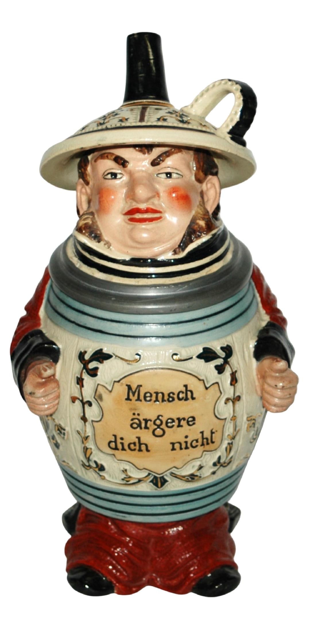 Barrel Man w Funnel Hat Character Stein: Character Stein 1/2L Pottery. Barrel man with sideburns wears funnel hat. Mint.