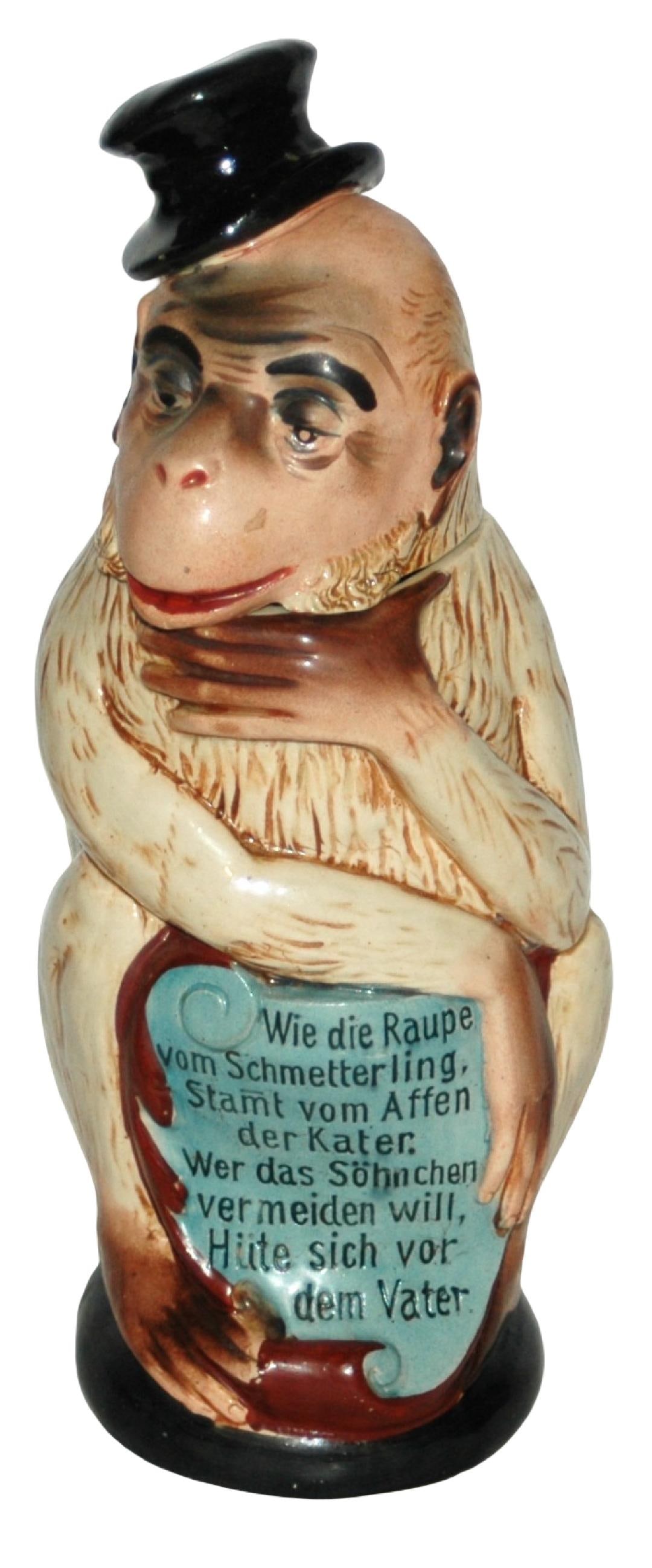 Monkey w Top Hat & Verse Character Stein: Character Stein 1/2L Hanke #1261 Pottery. Monkey wears top hat with verse. Mint.