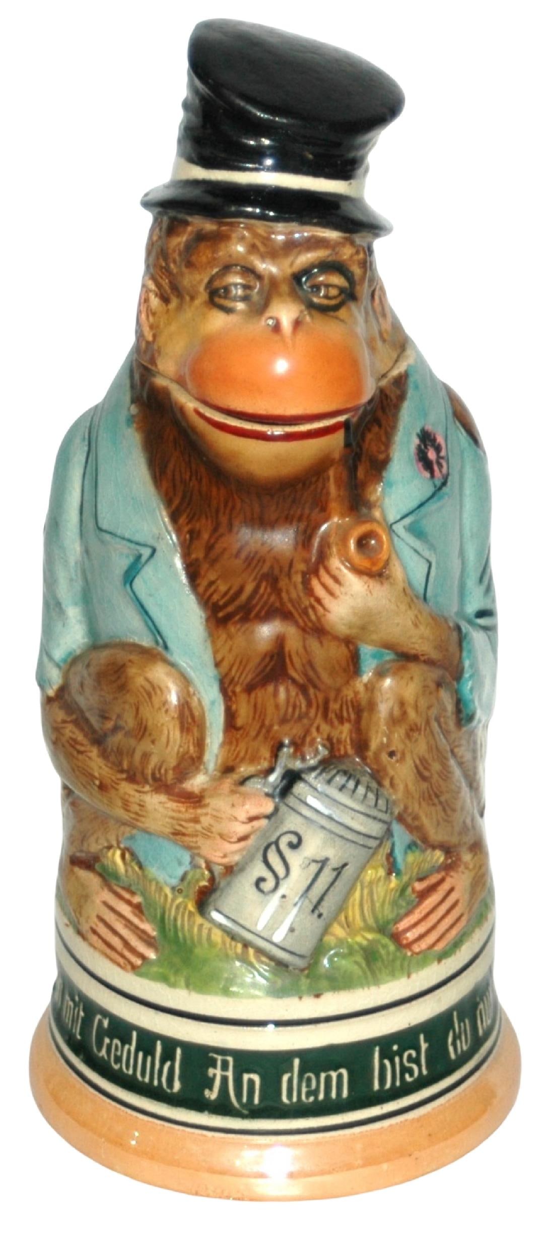 Monkey w Top Hat & Pipe Germsheid Character Stein: Character Stein 1/2L Germsheid Pottery. Monkey wears top hat smoking a pipe. Mint.