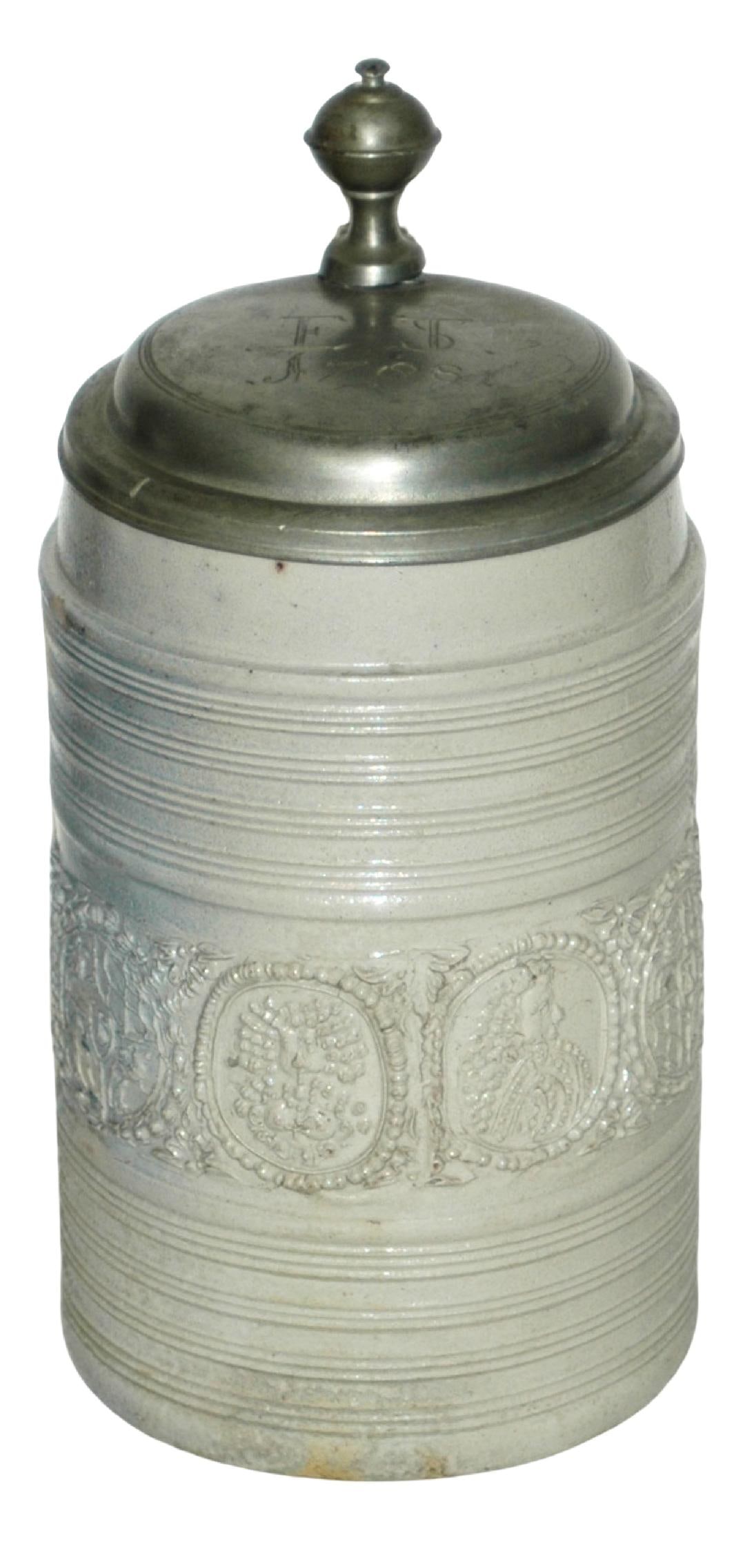 1L Westerwald 1788 Stein w Royals & Shields: Stoneware Stein 1L Westerwald Factory. Applied relief of royal figures and shields. Lid dated 1788.