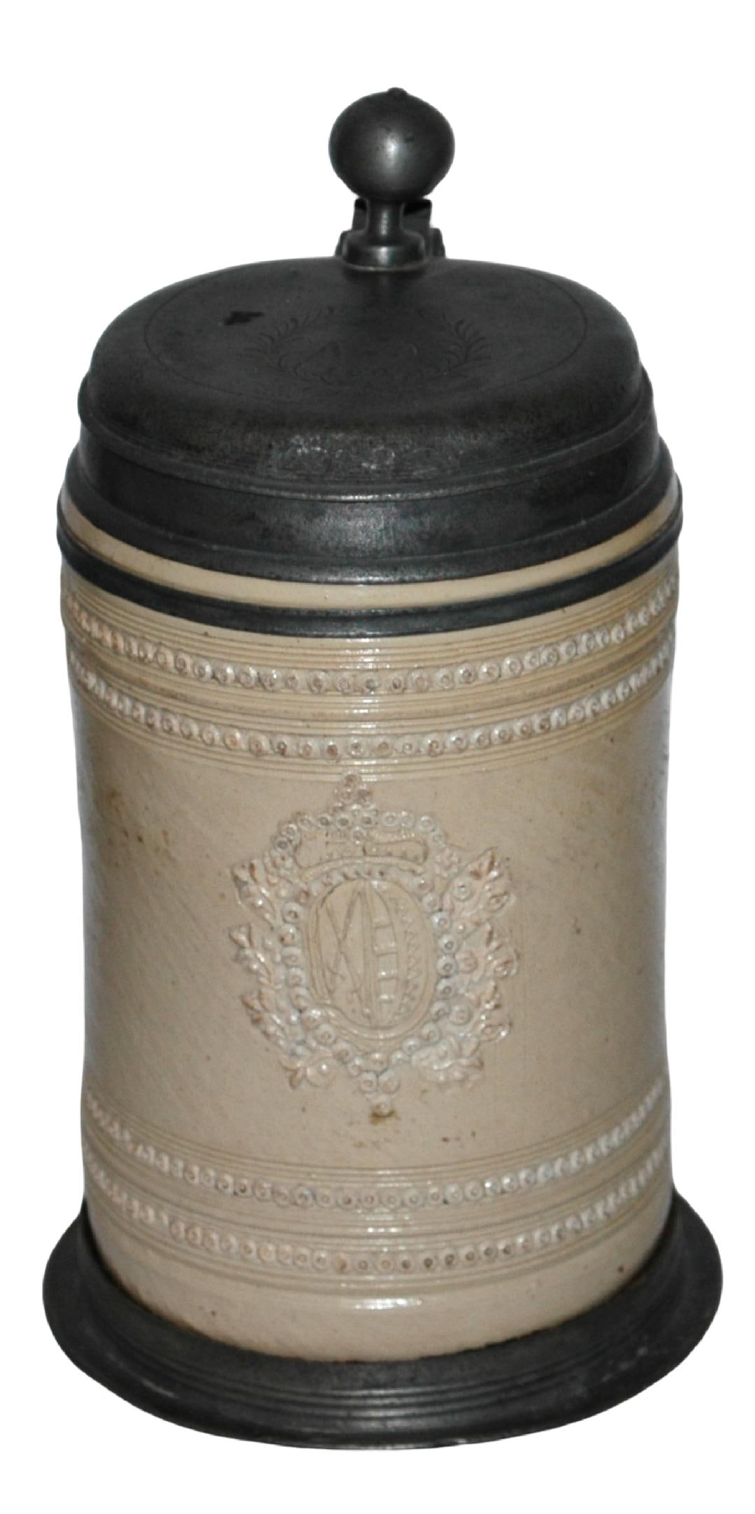 1L Altenberg w Saxon Shield & Beads 1695 Stein: Stoneware Stein 1L Altenburg Factory. Applied Saxon shield and four rows of beaded design on body. Lid dated 1695. Very good condition.
