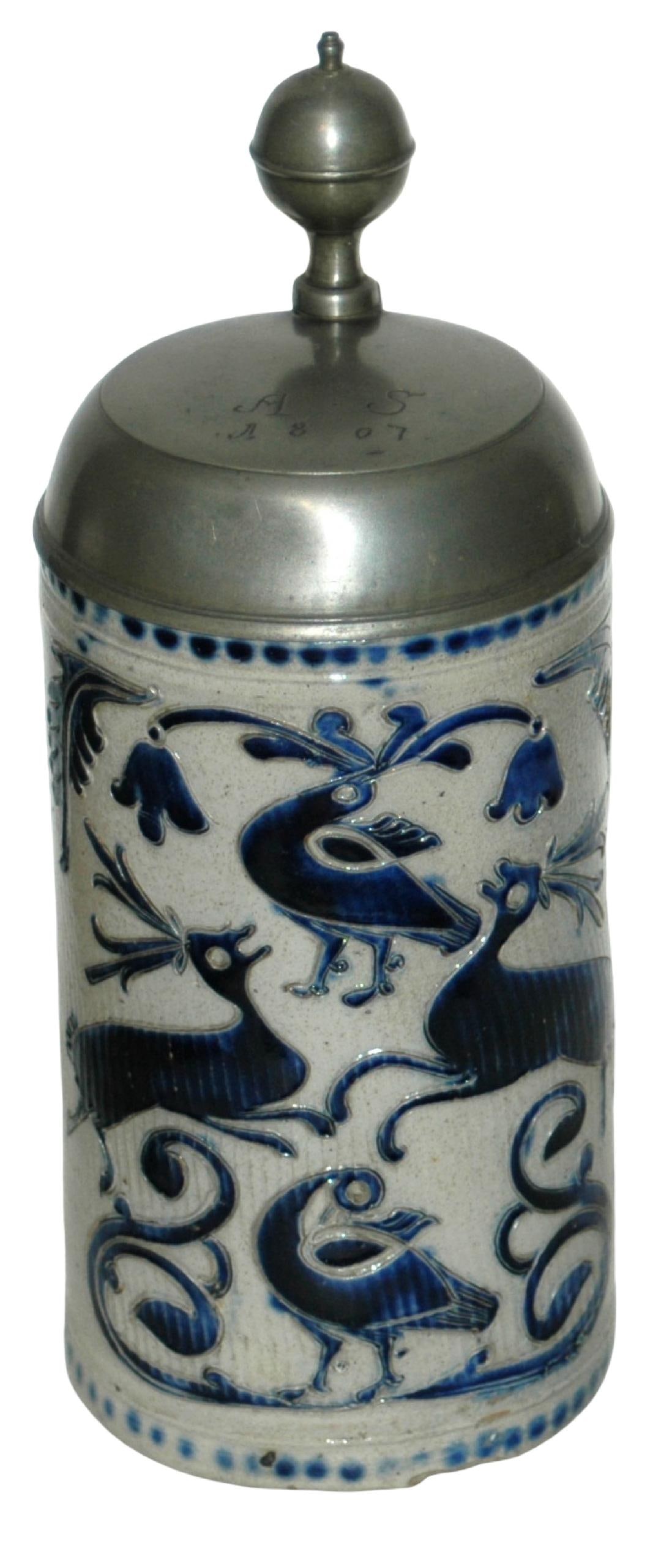 1L Westerwald Stags & Birds circa 1780 Stein: Stoneware Stein 1L Westerwald Factory. Scratch design of stags and pheasants. Circa 1780.