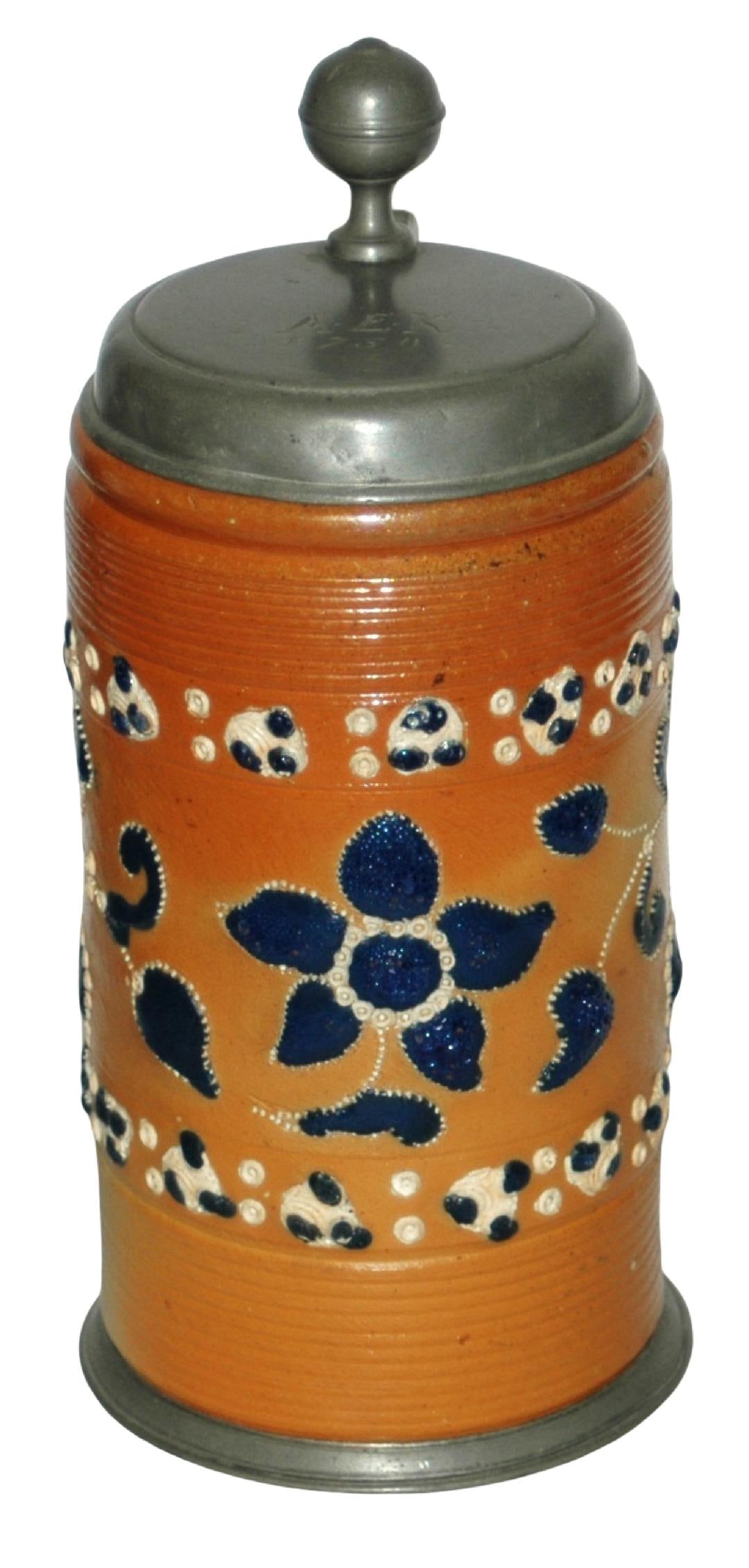 1L Altenburg Applied Pearlwork 1759 Stein: Stoneware Stein 1L Altenburg Factory. Applied pearlwork design with cobalt. Lid dated 1759.