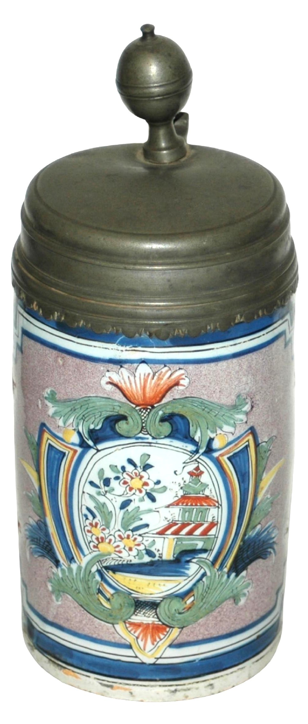 1L Erfurt Faience Asian & Floral Stein c.1750: Faience Stein 1L Erfurt Factory. Oriental house and floral front panel. Circa 1750. Double strap handle. Very good condition.